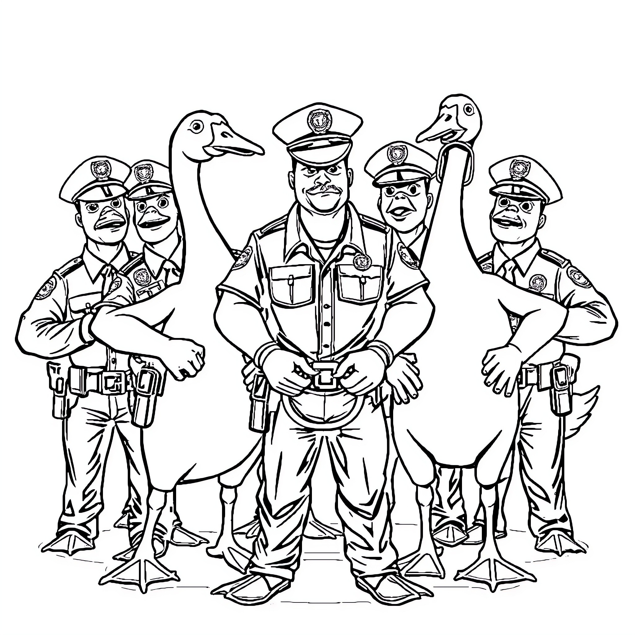 Goose officers guarding and leading a procession Coloring Page (free black-and-white line drawing printable PDF for all, from beginners to advanced learners, including children, teens, adults, and seniors)