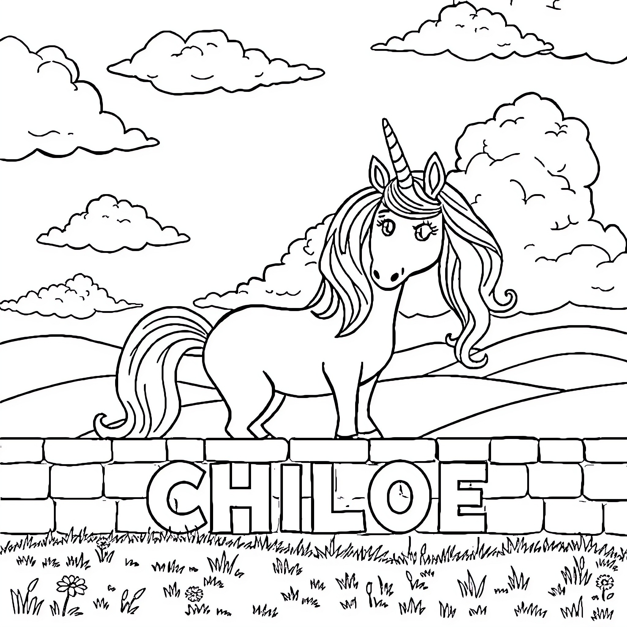 Unicorn standing proudly on a brick wall Coloring Page (free black-and-white line drawing printable PDF for all, from beginners to advanced learners, including children, teens, adults, and seniors)