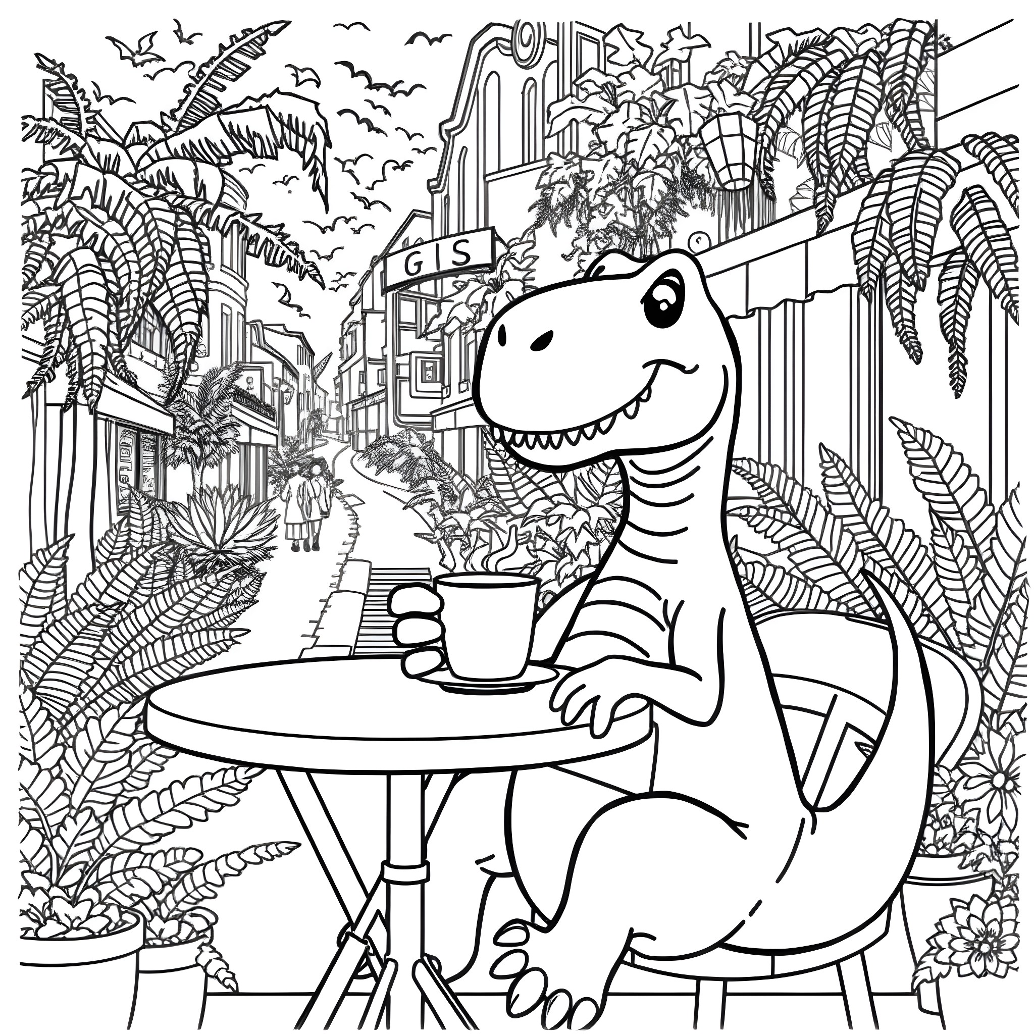 Dinosaur enjoying coffee in a tropical cafe Coloring Page (free black-and-white line drawing printable PDF for all, from beginners to advanced learners, including children, teens, adults, and seniors)
