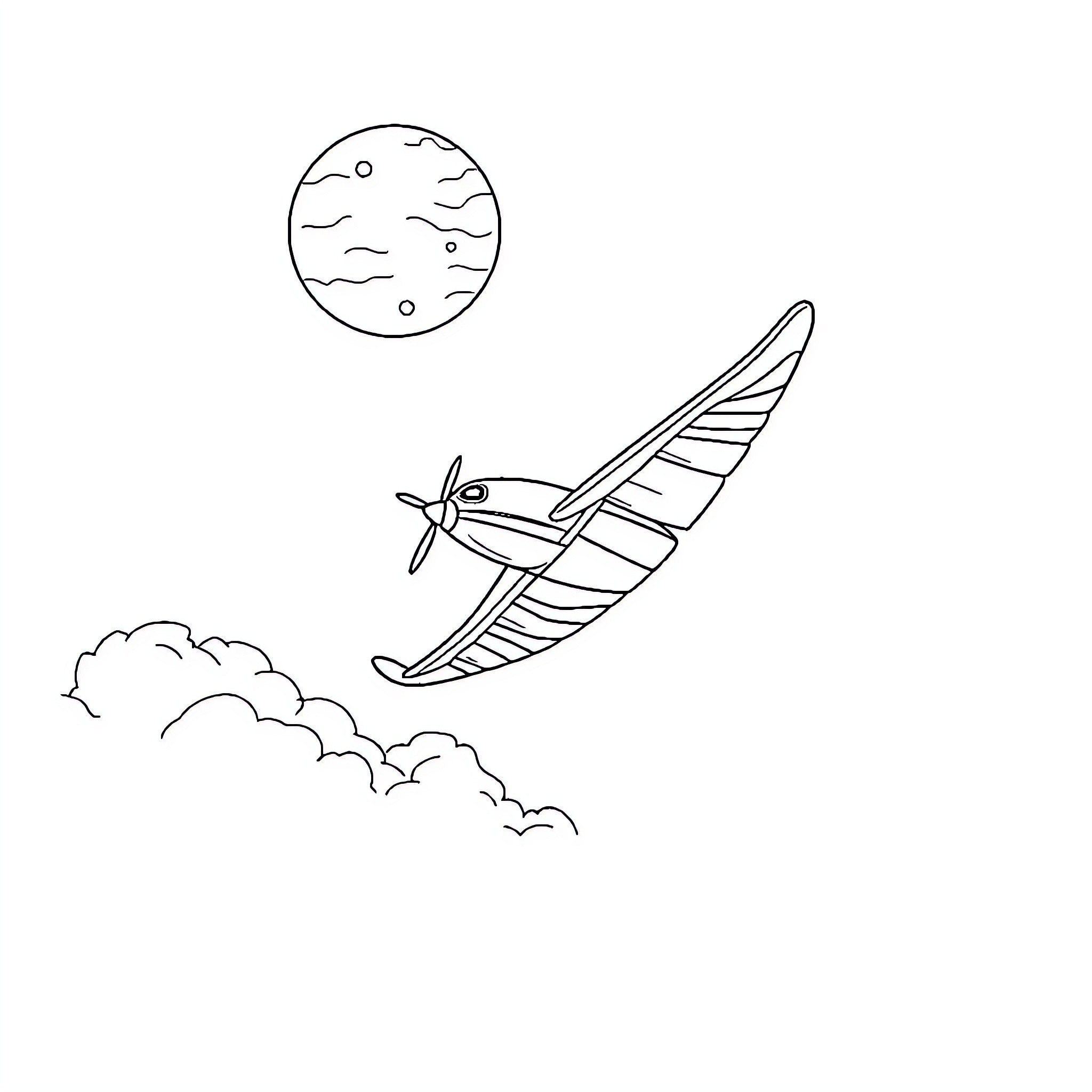 Fighter Jet soaring through clouds under the moon Coloring Page (free black-and-white line drawing printable PDF for all, from beginners to advanced learners, including children, teens, adults, and seniors)