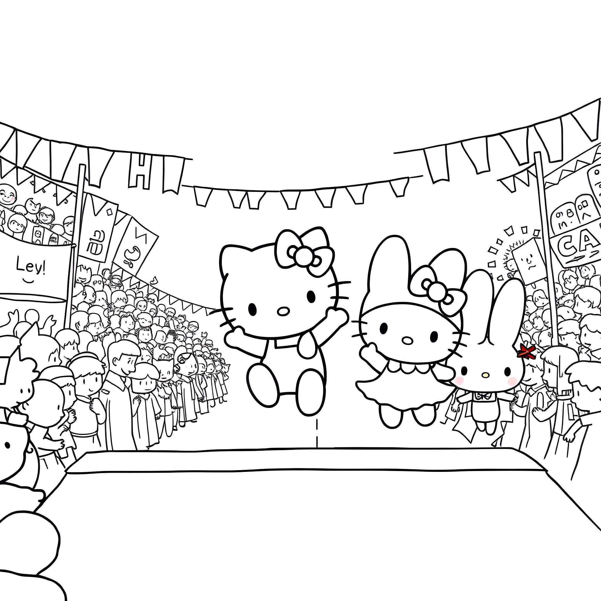 Hello Kitty celebrating a festive parade with friends Coloring Page (free black-and-white line drawing printable PDF for all, from beginners to advanced learners, including children, teens, adults, and seniors)
