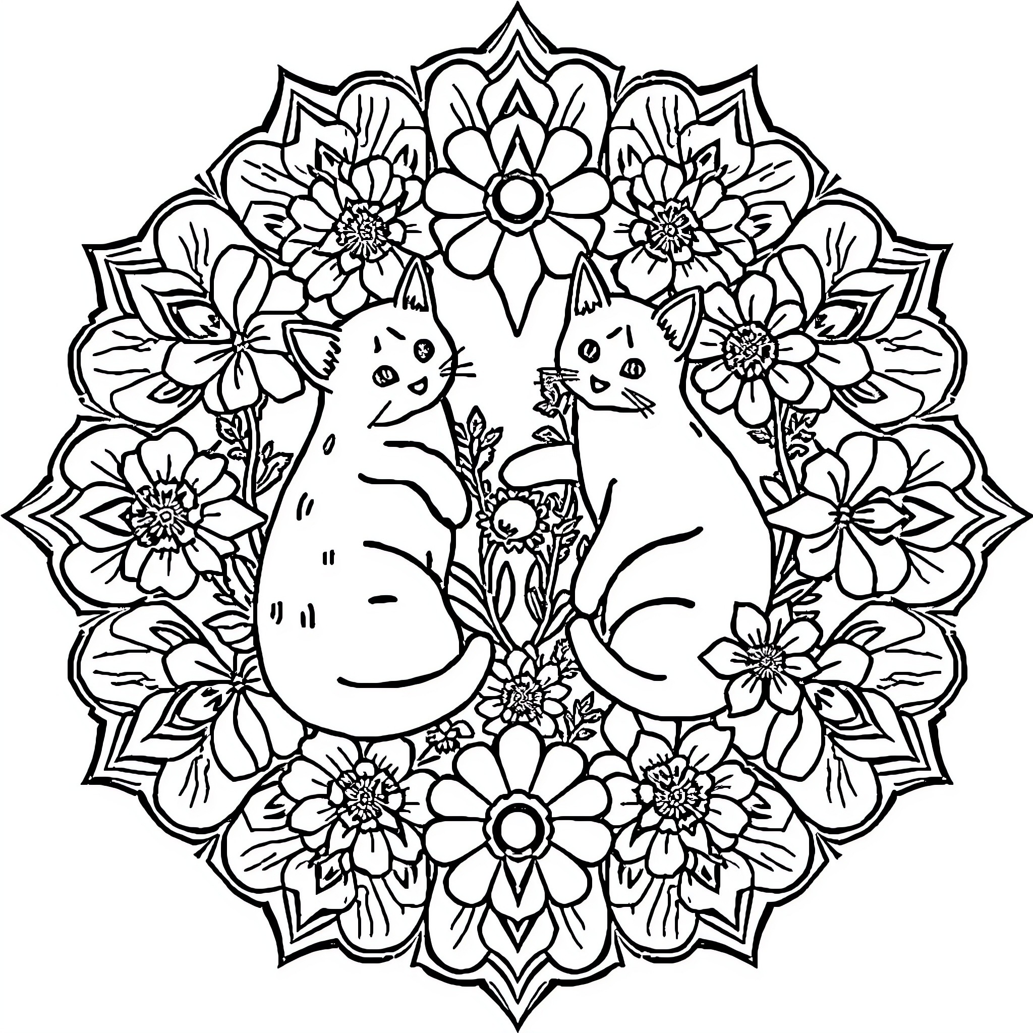 Mandala with playful cats among floral patterns Coloring Page (free black-and-white line drawing printable PDF for all, from beginners to advanced learners, including children, teens, adults, and seniors)