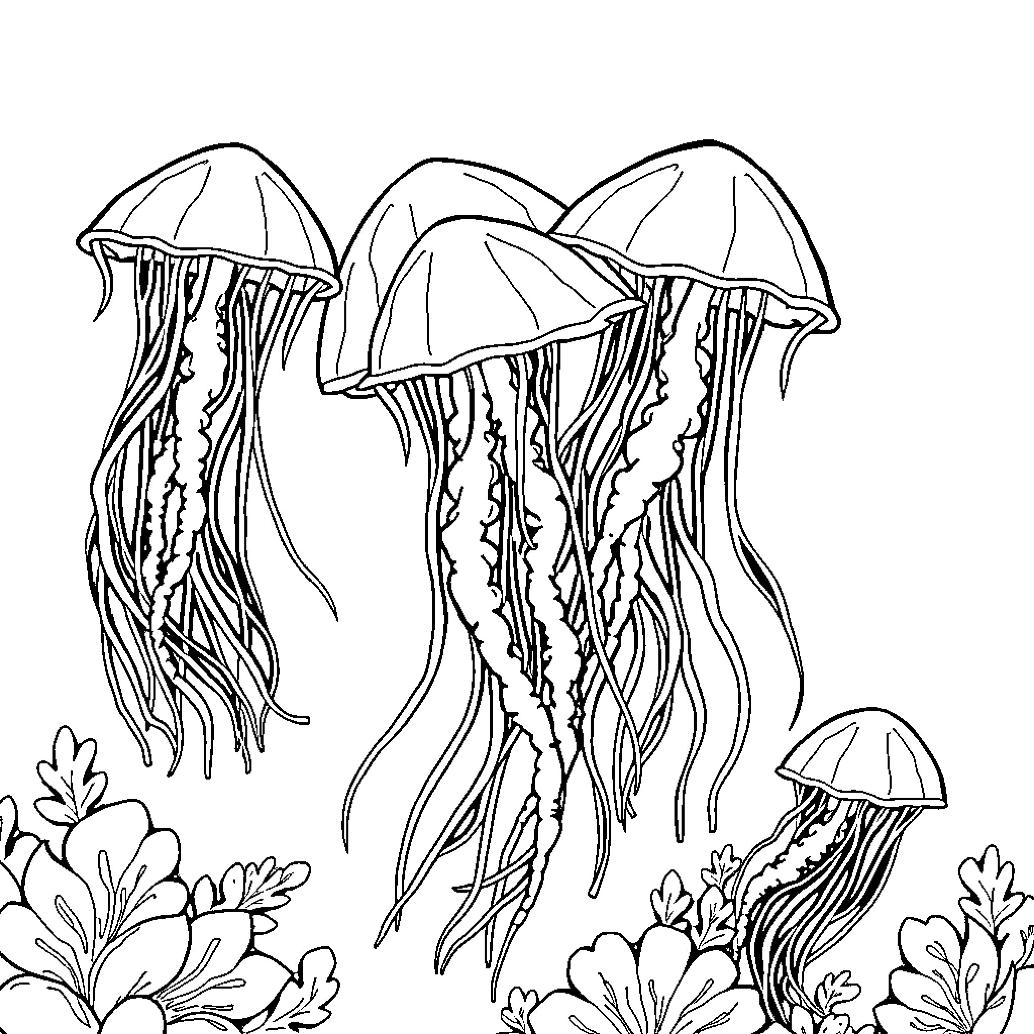 Jellyfish swimming gracefully in the underwater scene Coloring Page (free black-and-white line drawing printable PDF for all, from beginners to advanced learners, including children, teens, adults, and seniors)