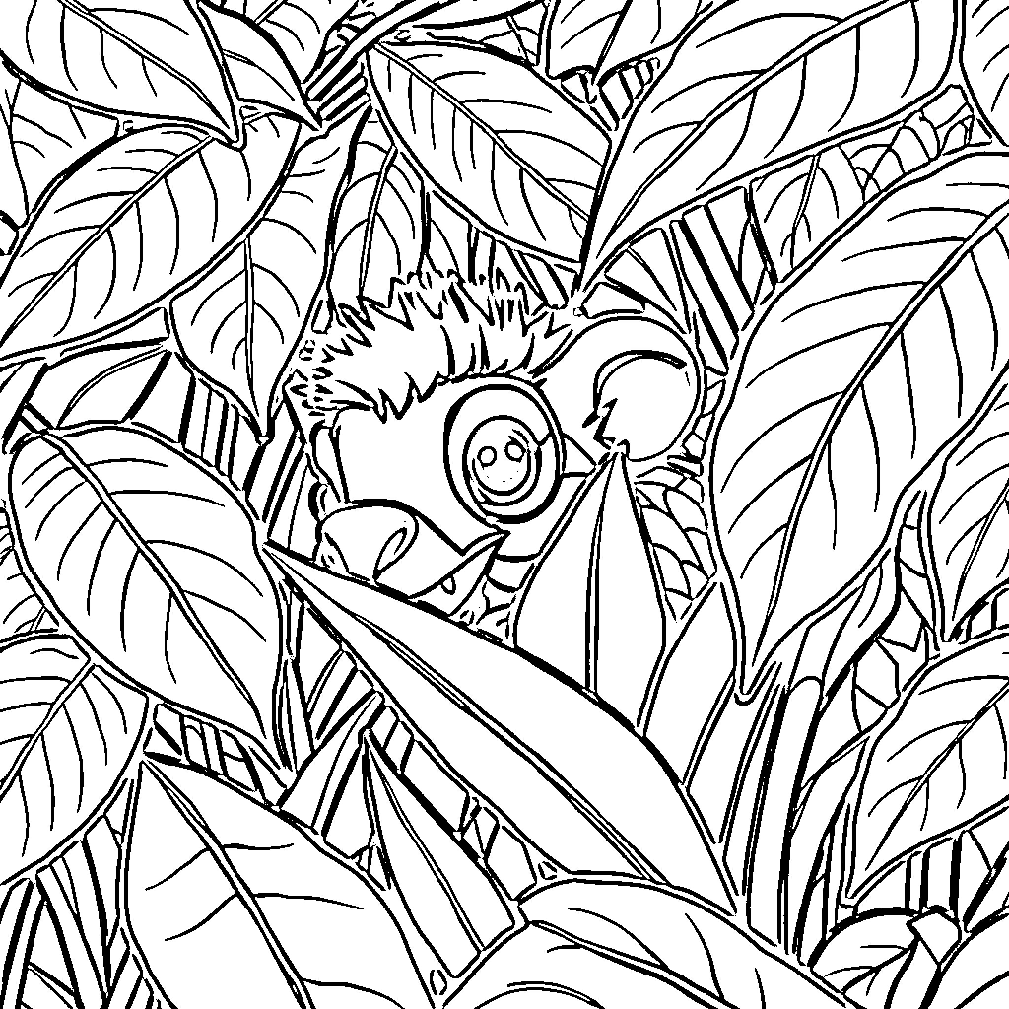 Jungle Animal peeking through leaves Coloring Page (free black-and-white line drawing printable PDF for all, from beginners to advanced learners, including children, teens, adults, and seniors)