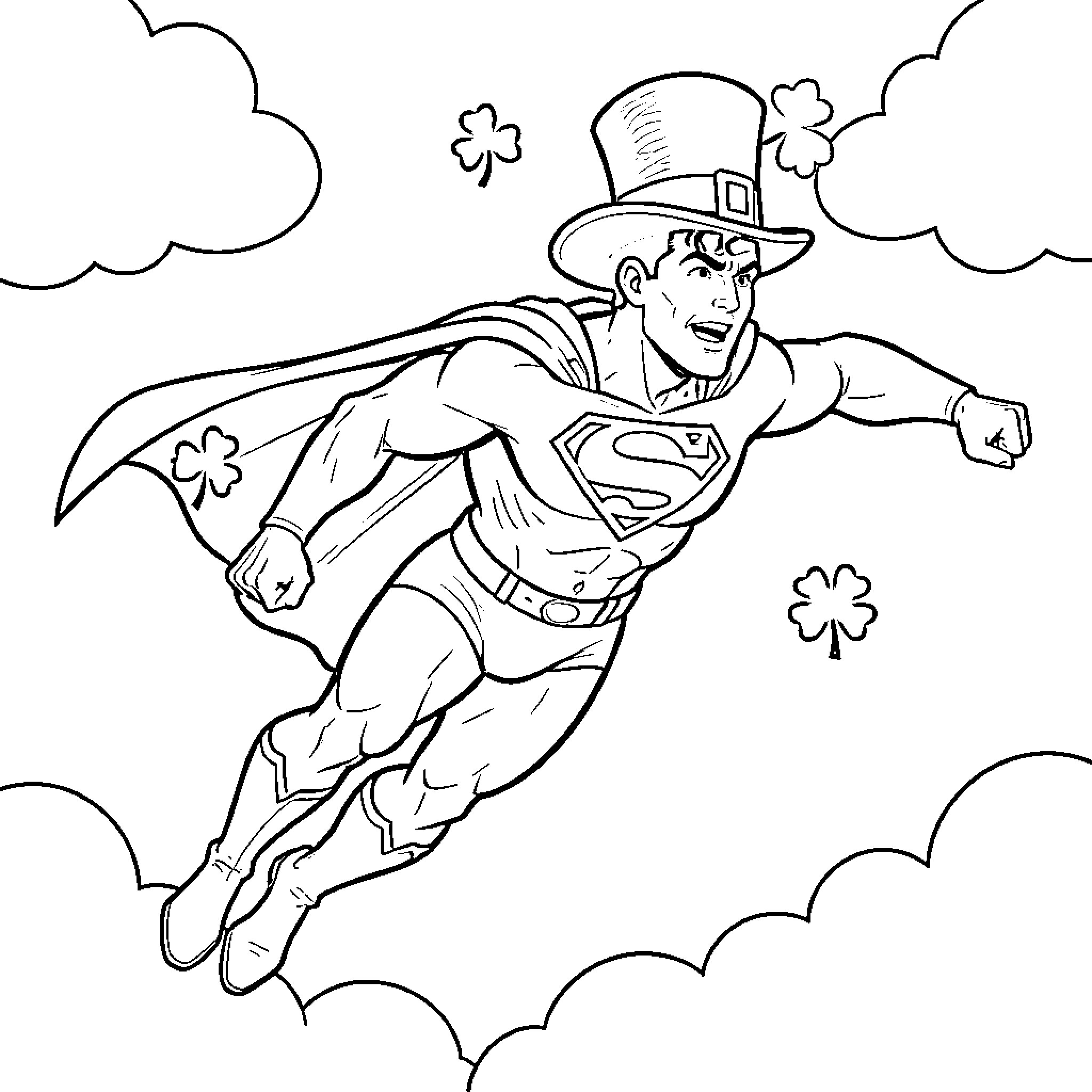 Superman celebrating St. Patrick's Day in the sky Coloring Page (free black-and-white line drawing printable PDF for all, from beginners to advanced learners, including children, teens, adults, and seniors)