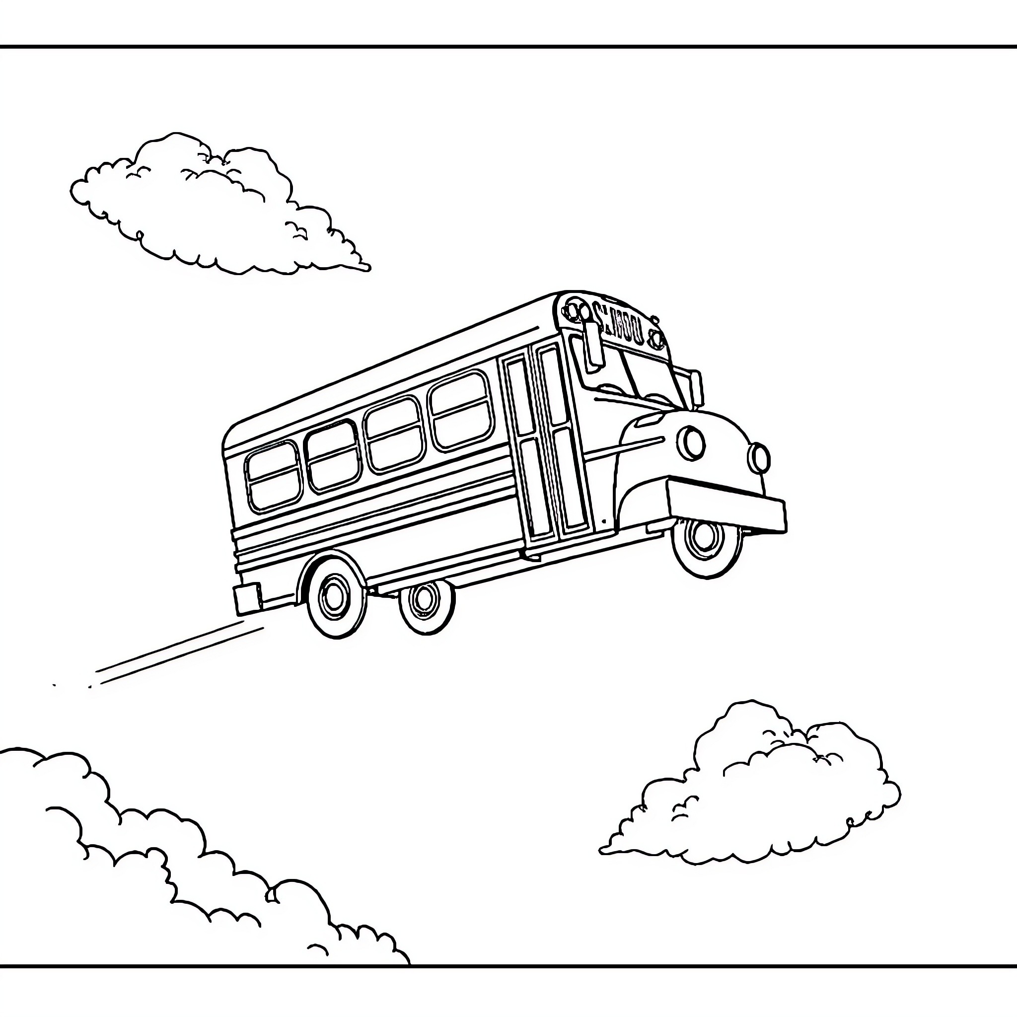 Flying School Bus Soaring Through Clouds Coloring Page (free black-and-white line drawing printable PDF for all, from beginners to advanced learners, including children, teens, adults, and seniors)