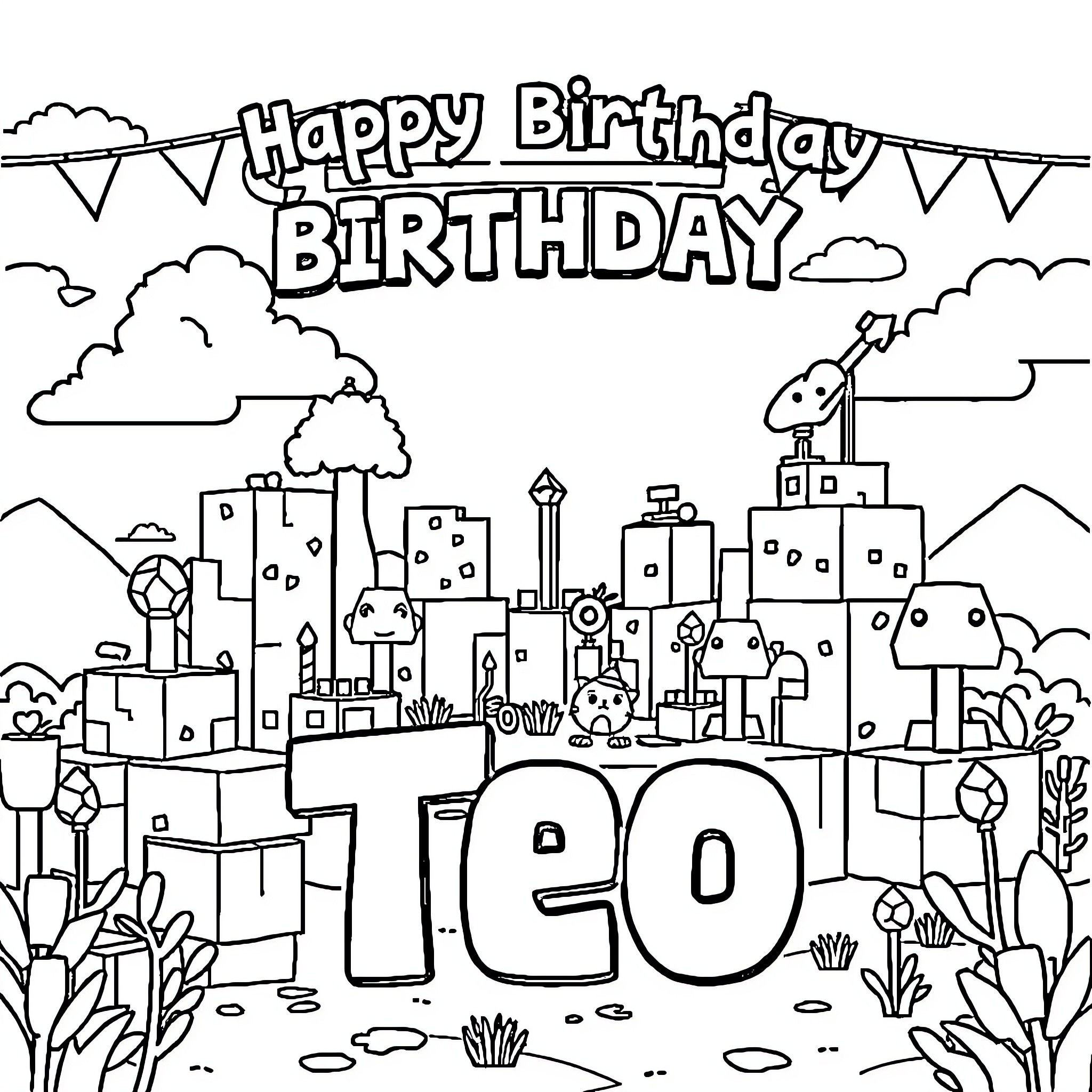 Minecraft Birthday celebration in the city Coloring Page (free black-and-white line drawing printable PDF for all, from beginners to advanced learners, including children, teens, adults, and seniors)