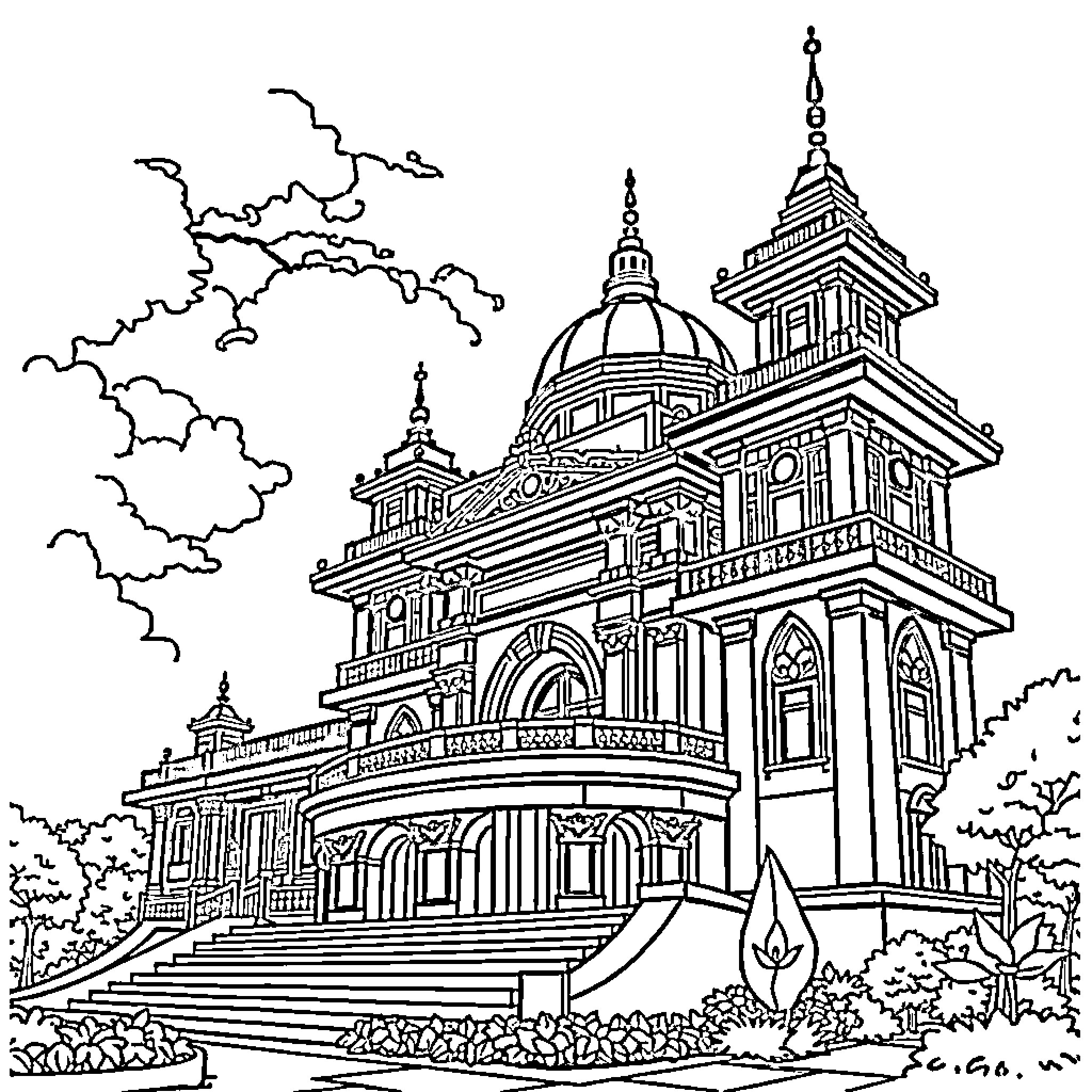 Ministerial Building with Ornate Architecture and Surroundings Coloring Page (free black-and-white line drawing printable PDF for all, from beginners to advanced learners, including children, teens, adults, and seniors)
