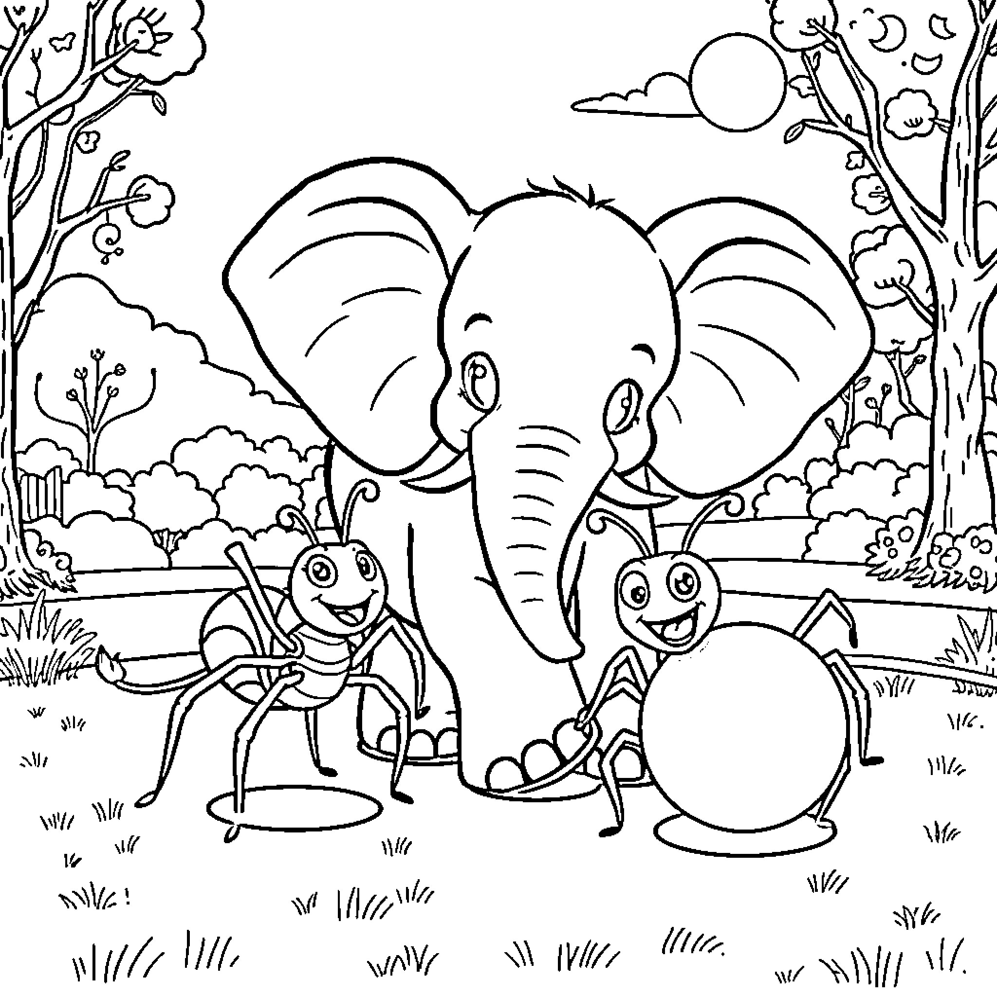 Elephant and friends playing in the forest Coloring Page (free black-and-white line drawing printable PDF for all, from beginners to advanced learners, including children, teens, adults, and seniors)