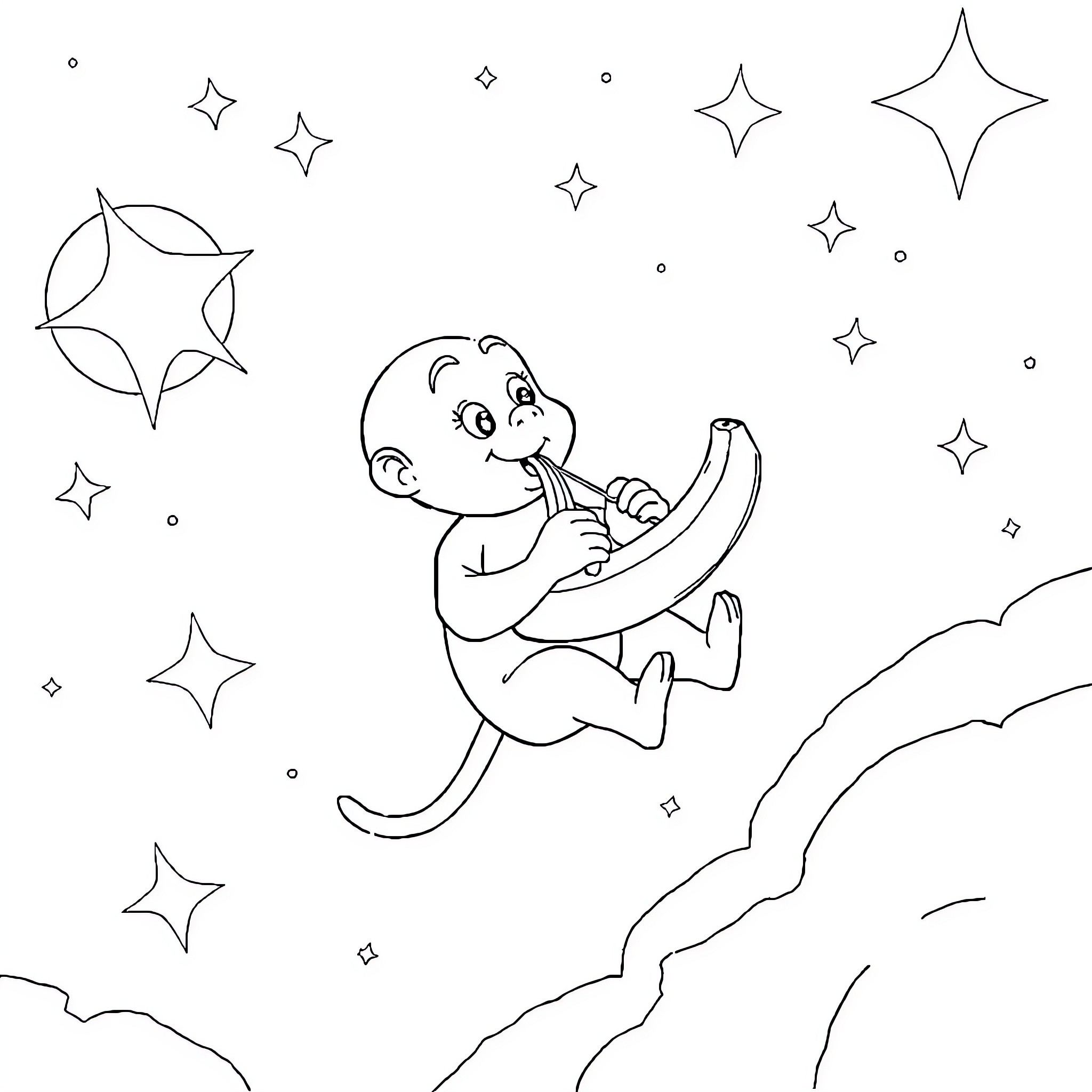 George gazes at the sparkling stars in the night sky Coloring Page (free black-and-white line drawing printable PDF for all, from beginners to advanced learners, including children, teens, adults, and seniors)