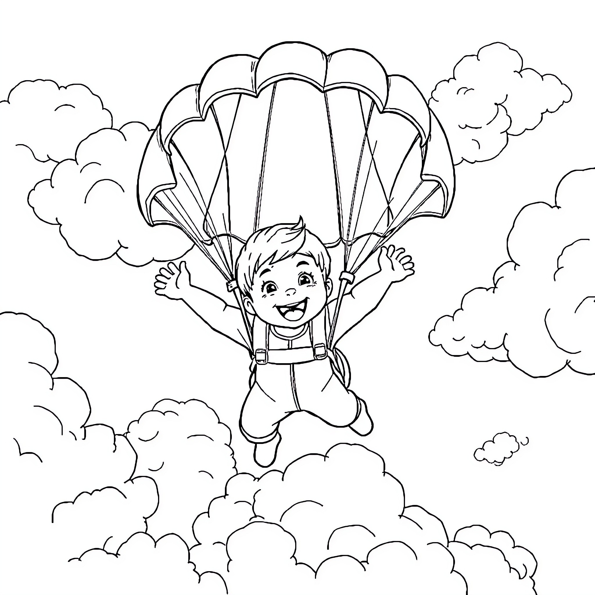 Boy skydiving in the clouds Coloring Page (free black-and-white line drawing printable PDF for all, from beginners to advanced learners, including children, teens, adults, and seniors)