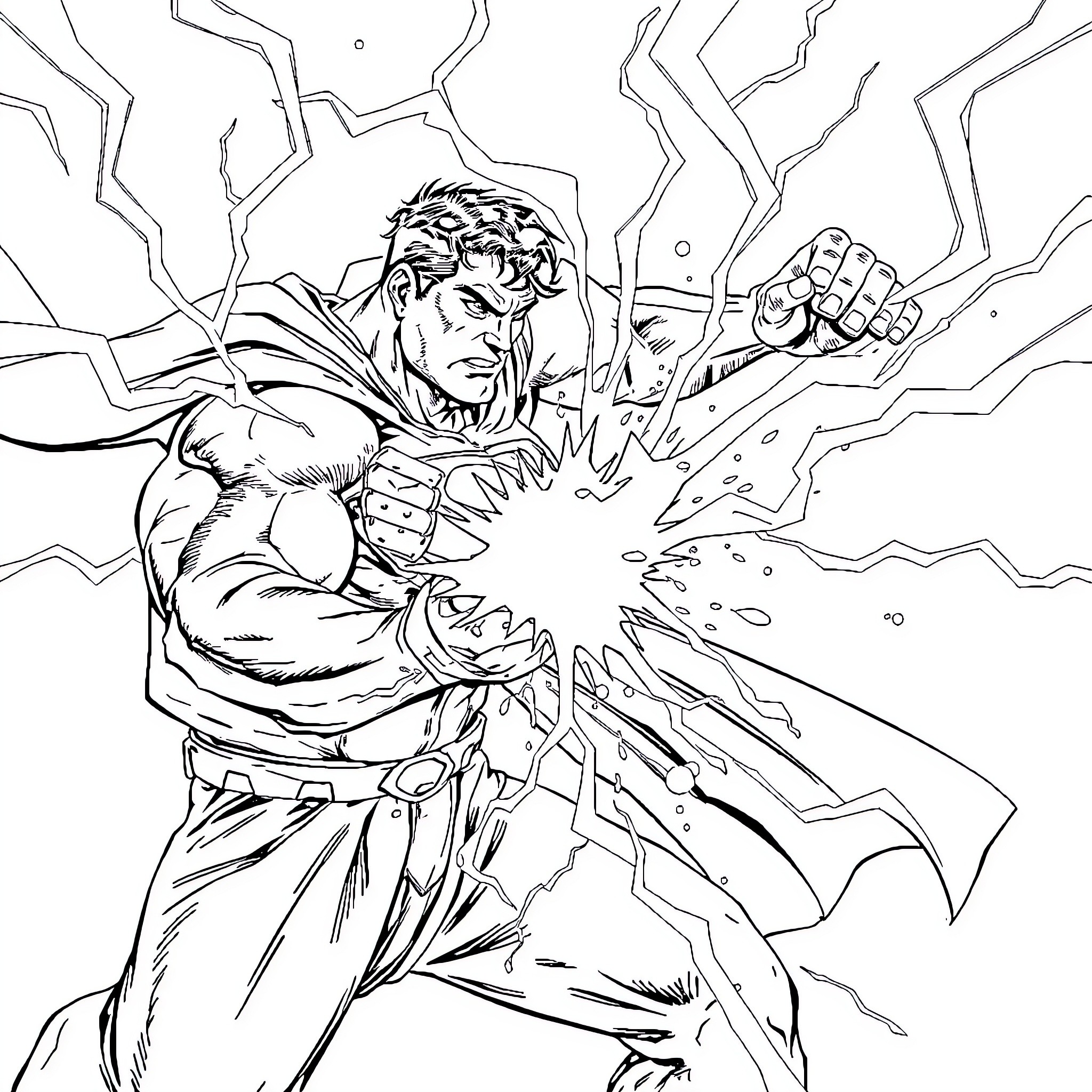 Superman unleashing powerful energy blast Coloring Page (free black-and-white line drawing printable PDF for all, from beginners to advanced learners, including children, teens, adults, and seniors)