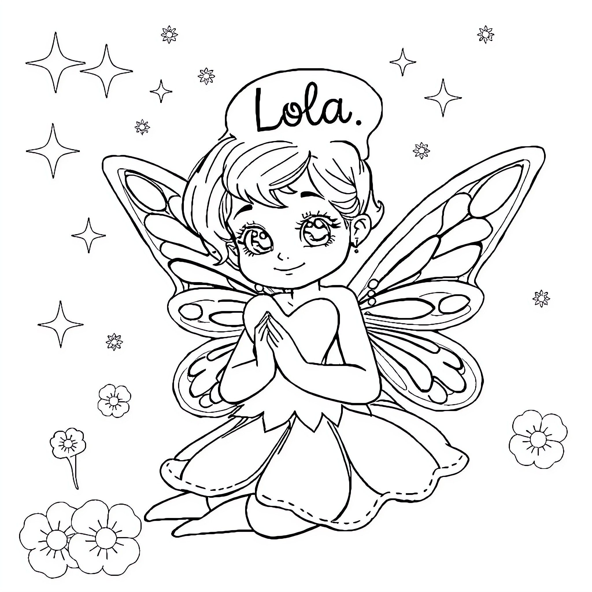 Tooth Fairy resting among stars and flowers Coloring Page (free black-and-white line drawing printable PDF for all, from beginners to advanced learners, including children, teens, adults, and seniors)