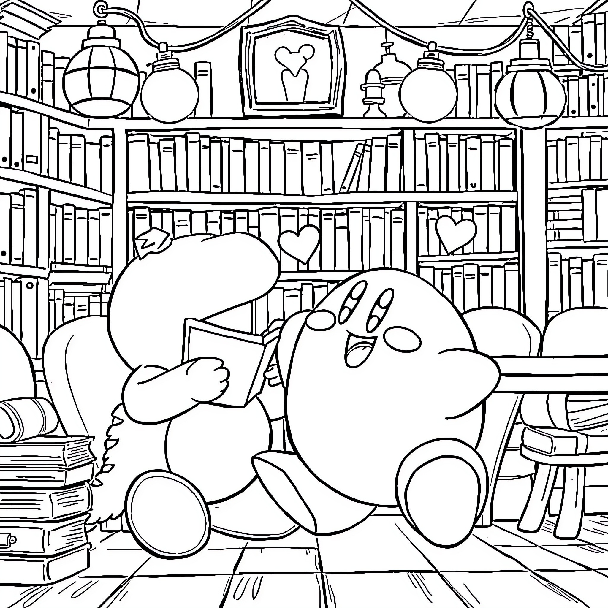 Kirby reading books happily in the library Coloring Page (free black-and-white line drawing printable PDF for all, from beginners to advanced learners, including children, teens, adults, and seniors)