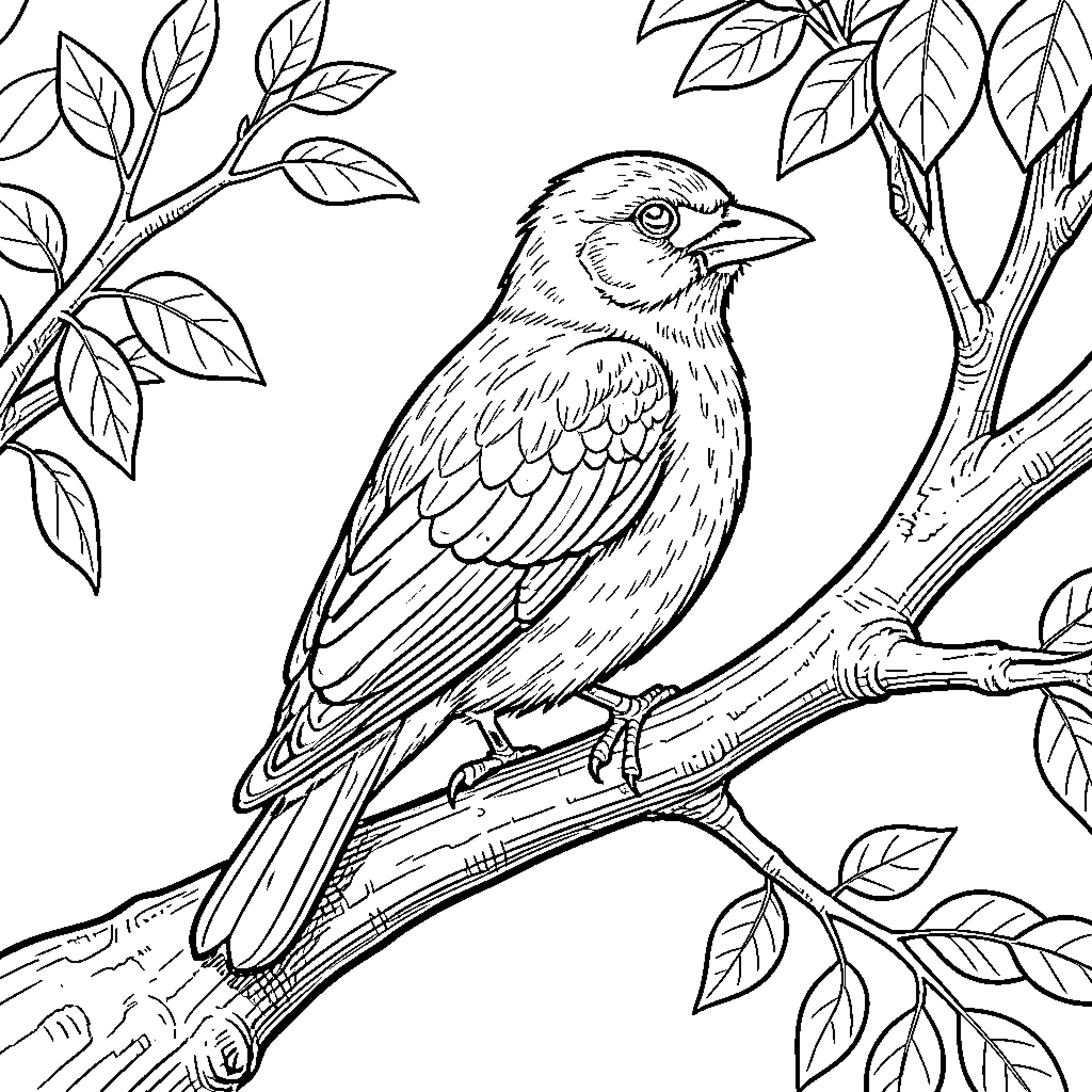 Abubilla perched on a branch surrounded by foliage Coloring Page (free black-and-white line drawing printable PDF for all, from beginners to advanced learners, including children, teens, adults, and seniors)