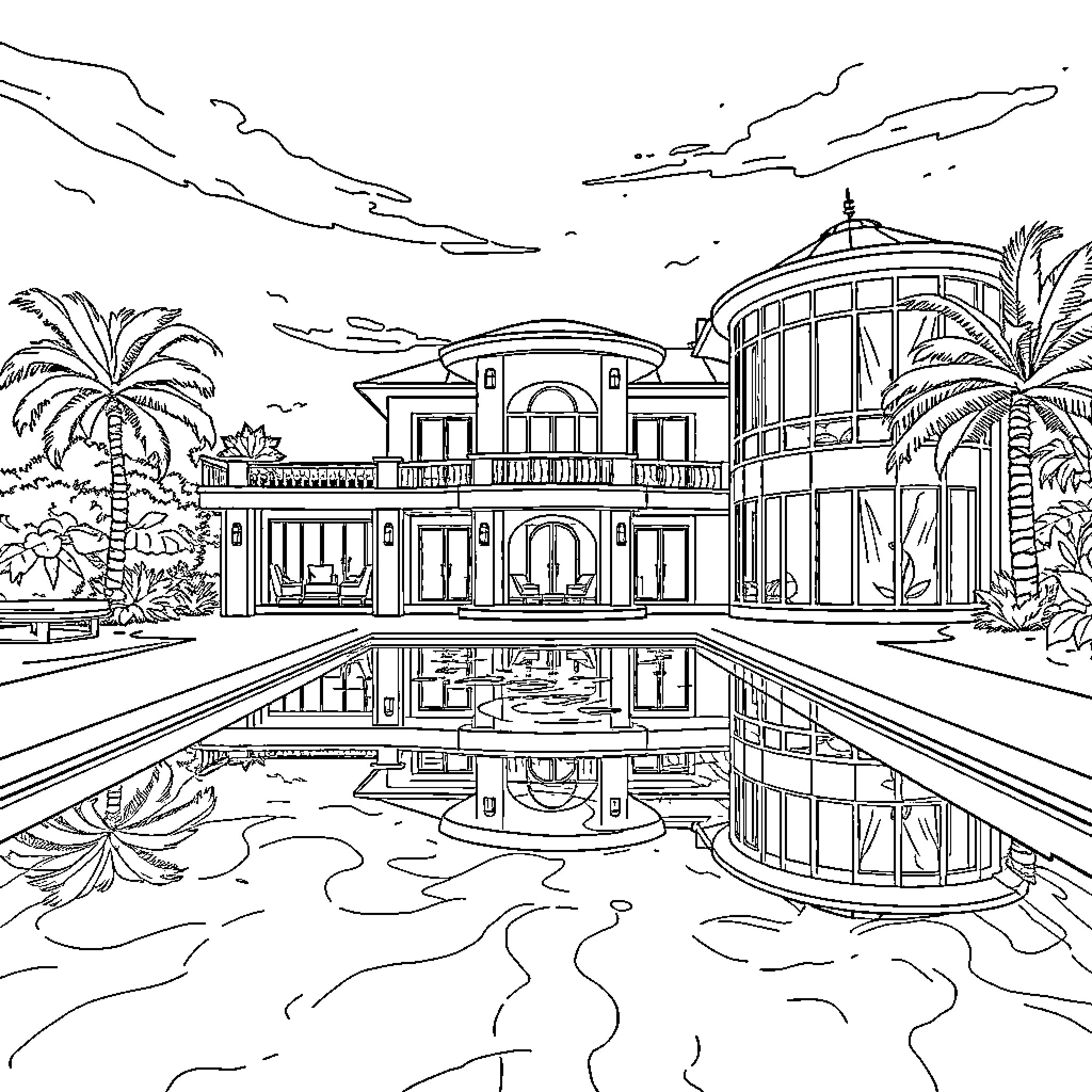 House with ornate architecture and reflective pool Coloring Page (free black-and-white line drawing printable PDF for all, from beginners to advanced learners, including children, teens, adults, and seniors)