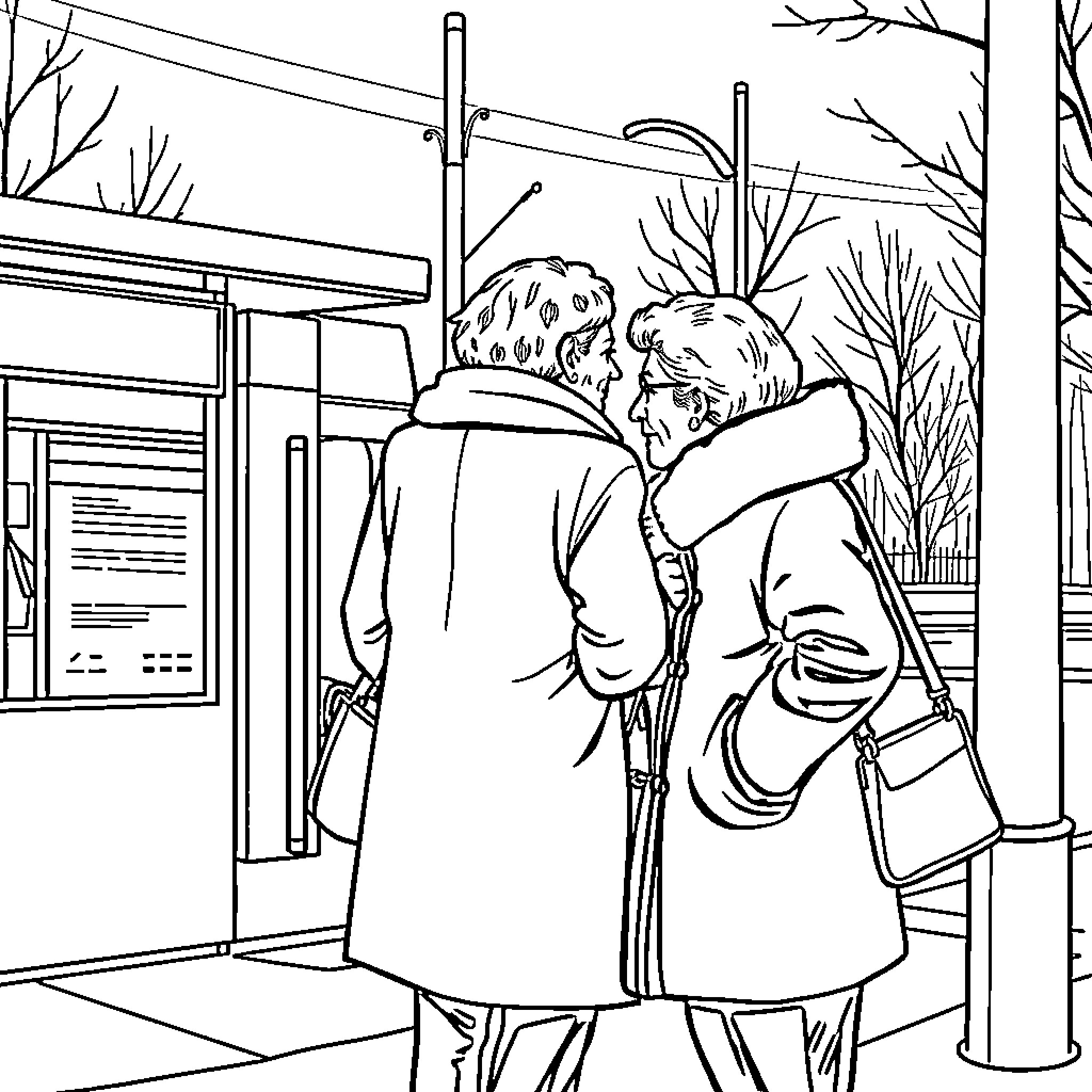 Old Lady Walking with Companion in Winter Coloring Page (free black-and-white line drawing printable PDF for all, from beginners to advanced learners, including children, teens, adults, and seniors)