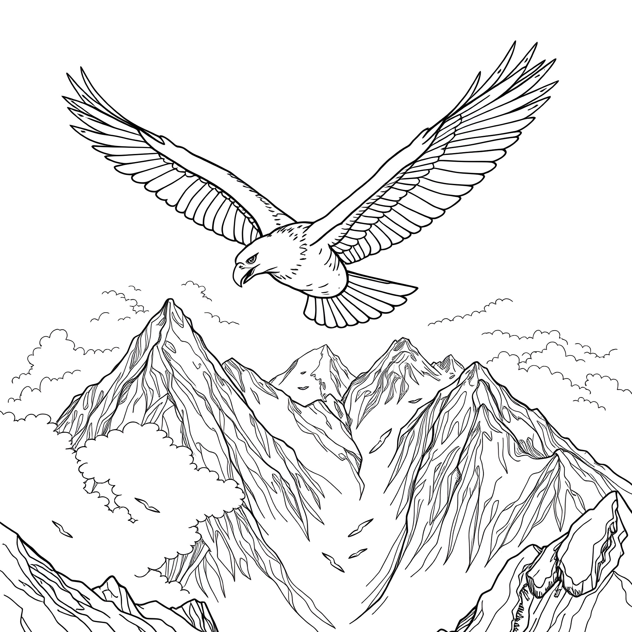 Eagle soaring above majestic mountains Coloring Page (free black-and-white line drawing printable PDF for all, from beginners to advanced learners, including children, teens, adults, and seniors)