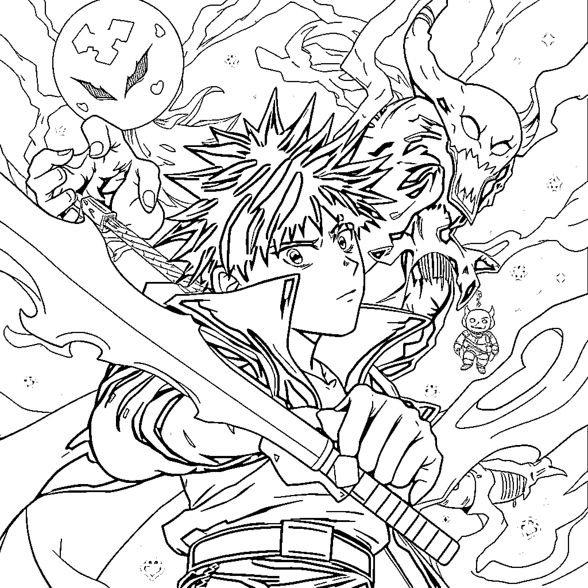 Yu Yu Hakusho - Protagonist Unleashing Powerful Energy Attack Coloring Page (free black-and-white line drawing printable PDF for all, from beginners to advanced learners, including children, teens, adults, and seniors)