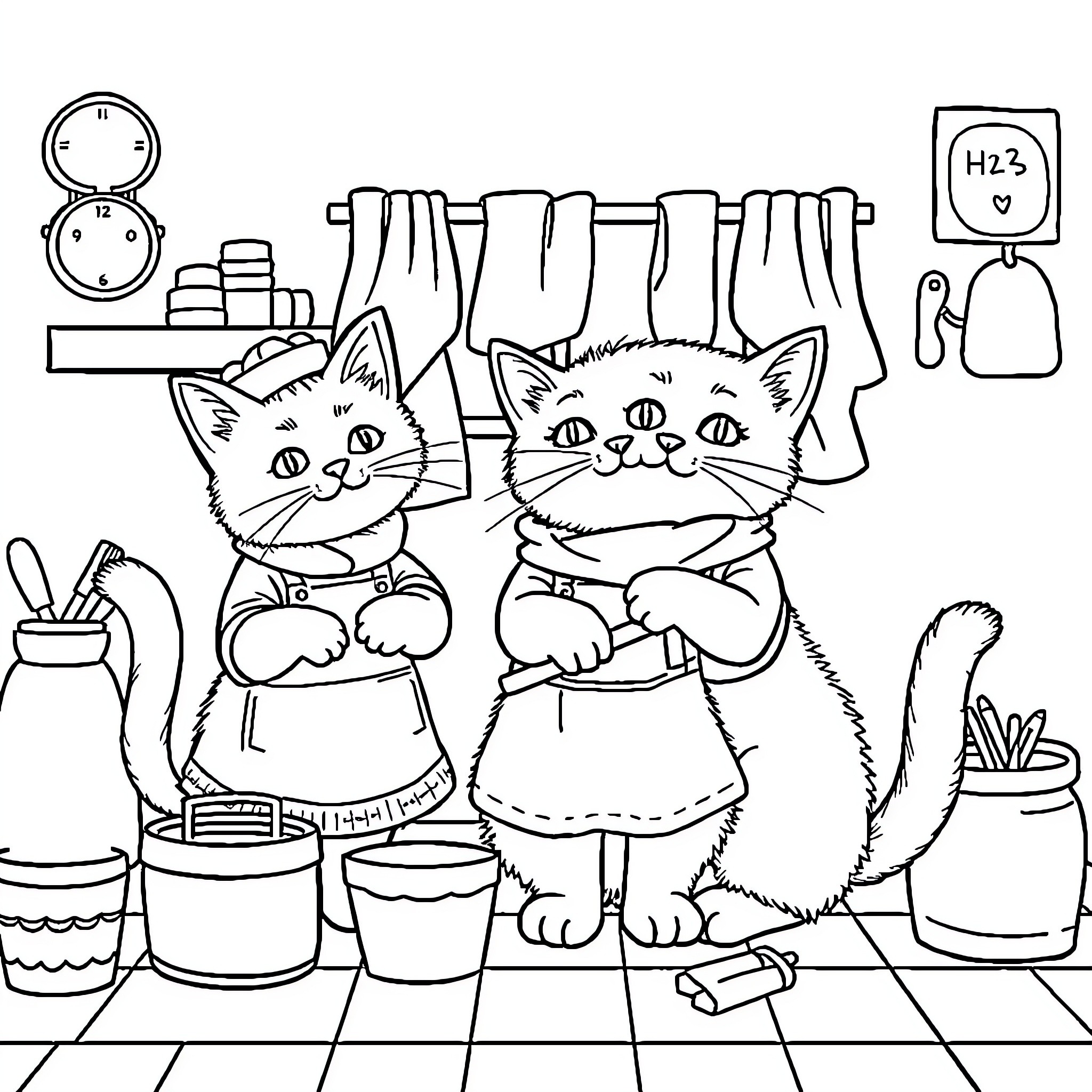 Cat siblings helping in the kitchen Coloring Page (free black-and-white line drawing printable PDF for all, from beginners to advanced learners, including children, teens, adults, and seniors)
