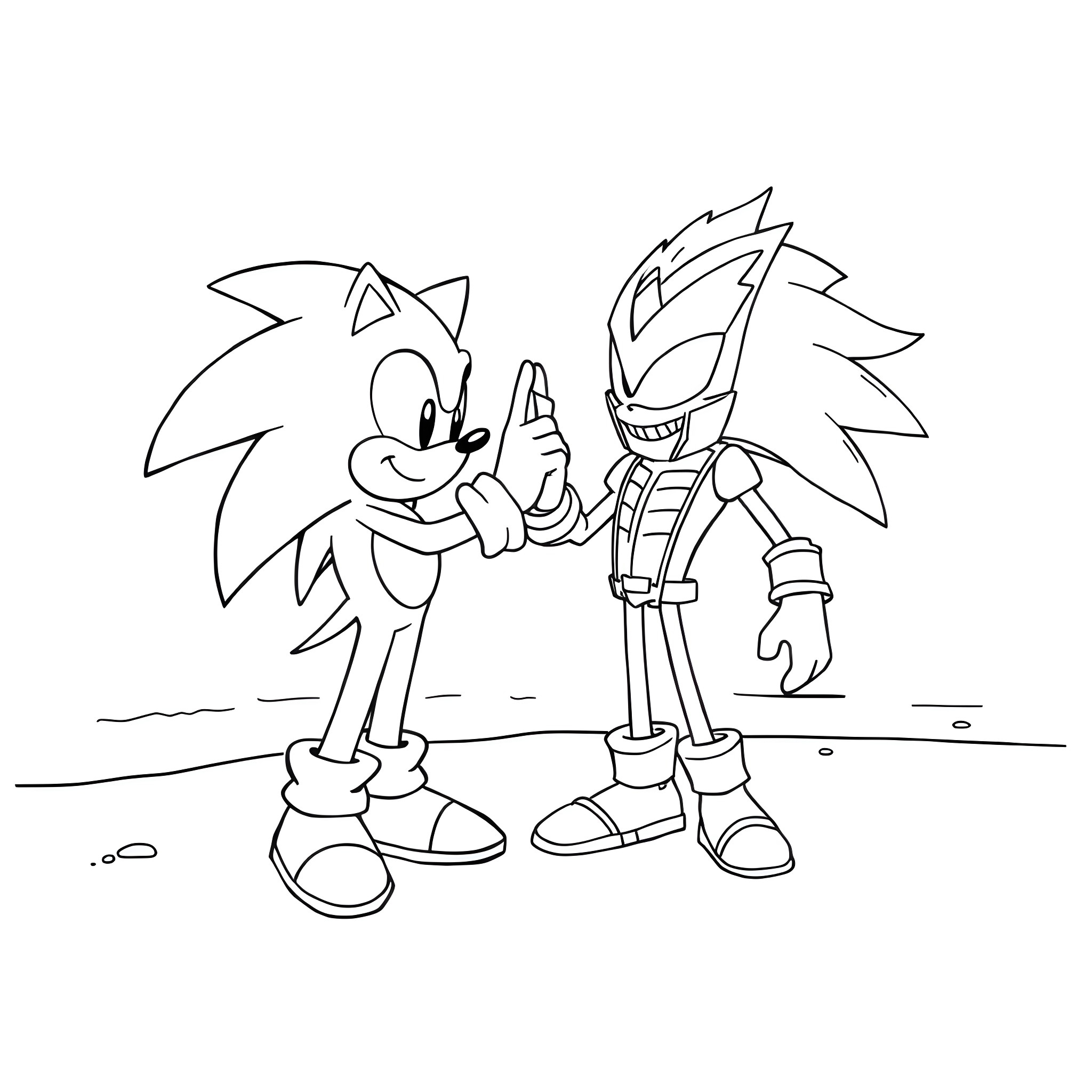 Sonic the Hedgehog and Metal Sonic in action Coloring Page (free black-and-white line drawing printable PDF for all, from beginners to advanced learners, including children, teens, adults, and seniors)
