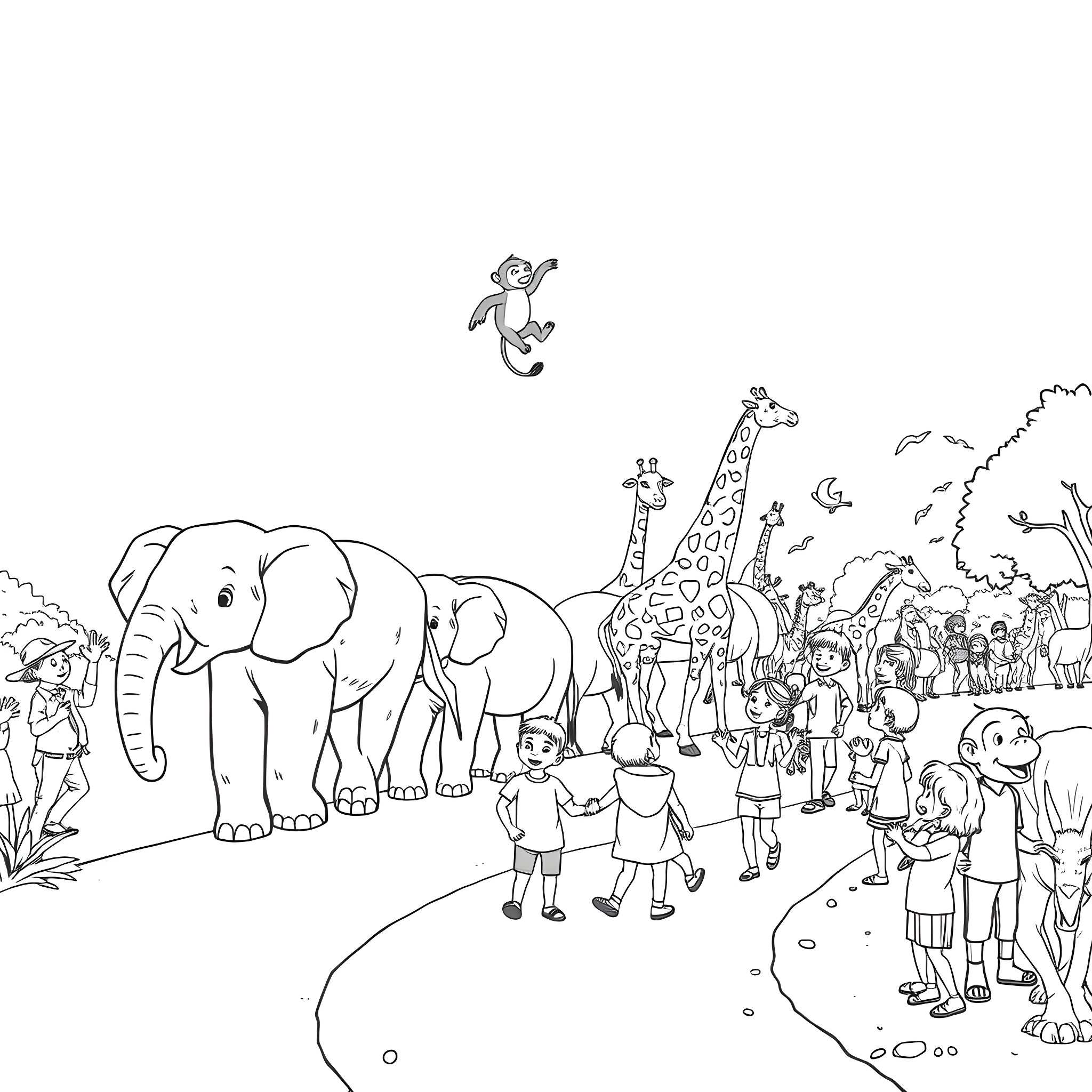 Animal characters visiting a zoo with diverse wildlife Coloring Page (free black-and-white line drawing printable PDF for all, from beginners to advanced learners, including children, teens, adults, and seniors)