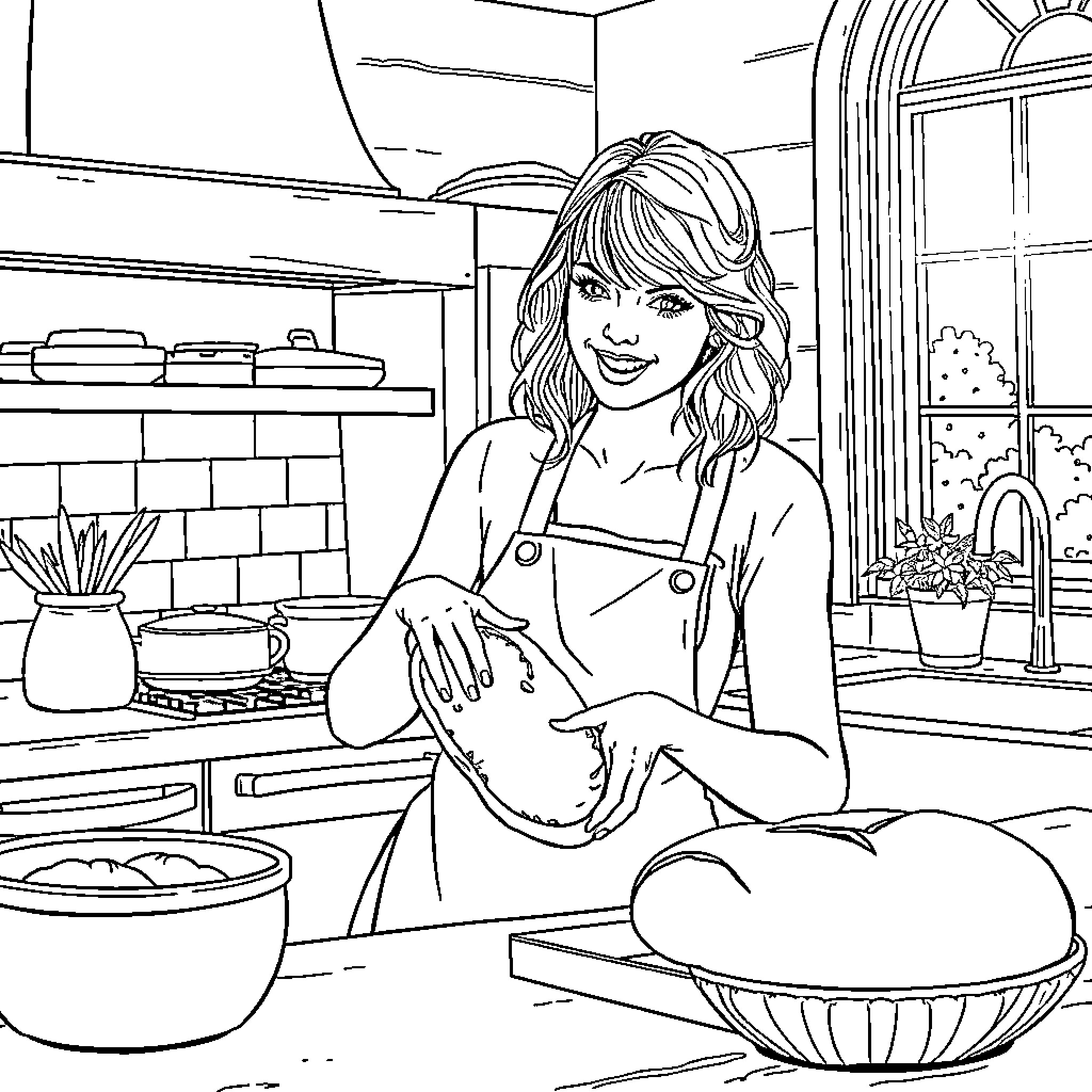 Taylor Swift cooking in a cozy kitchen Coloring Page (free black-and-white line drawing printable PDF for all, from beginners to advanced learners, including children, teens, adults, and seniors)