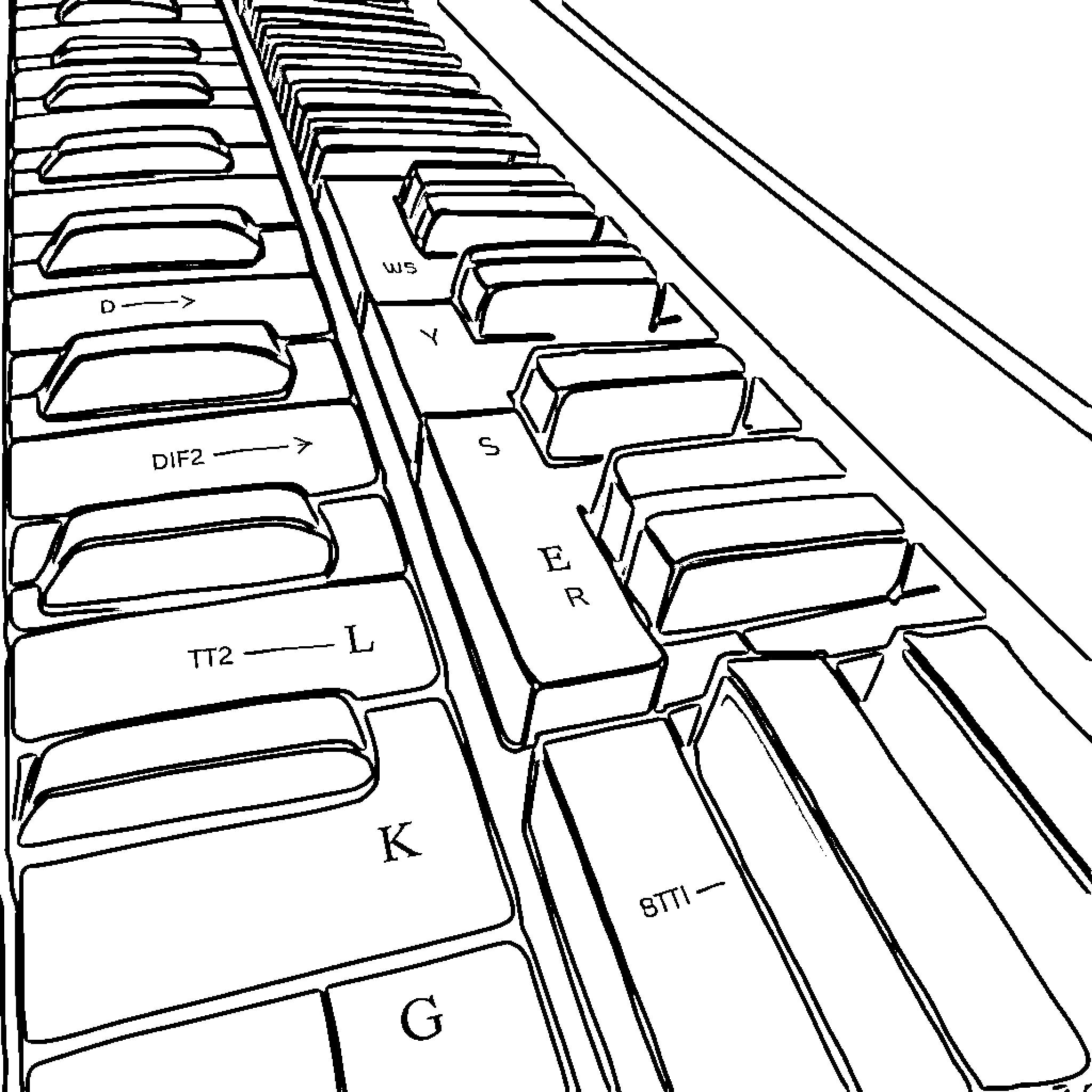 Piano keyboard in black and white Coloring Page (free black-and-white line drawing printable PDF for all, from beginners to advanced learners, including children, teens, adults, and seniors)