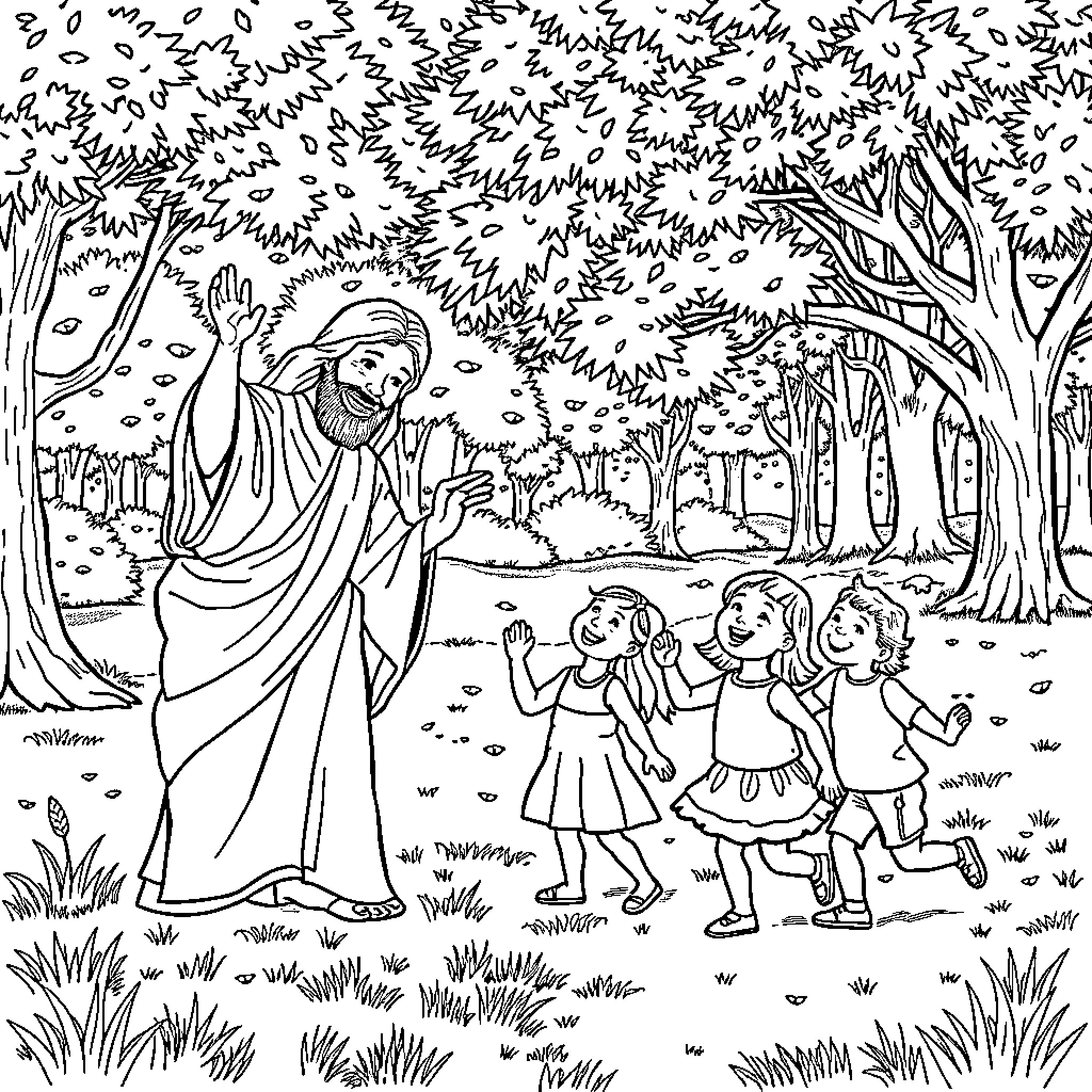 Jesus walking with children in the woods Coloring Page (free black-and-white line drawing printable PDF for all, from beginners to advanced learners, including children, teens, adults, and seniors)