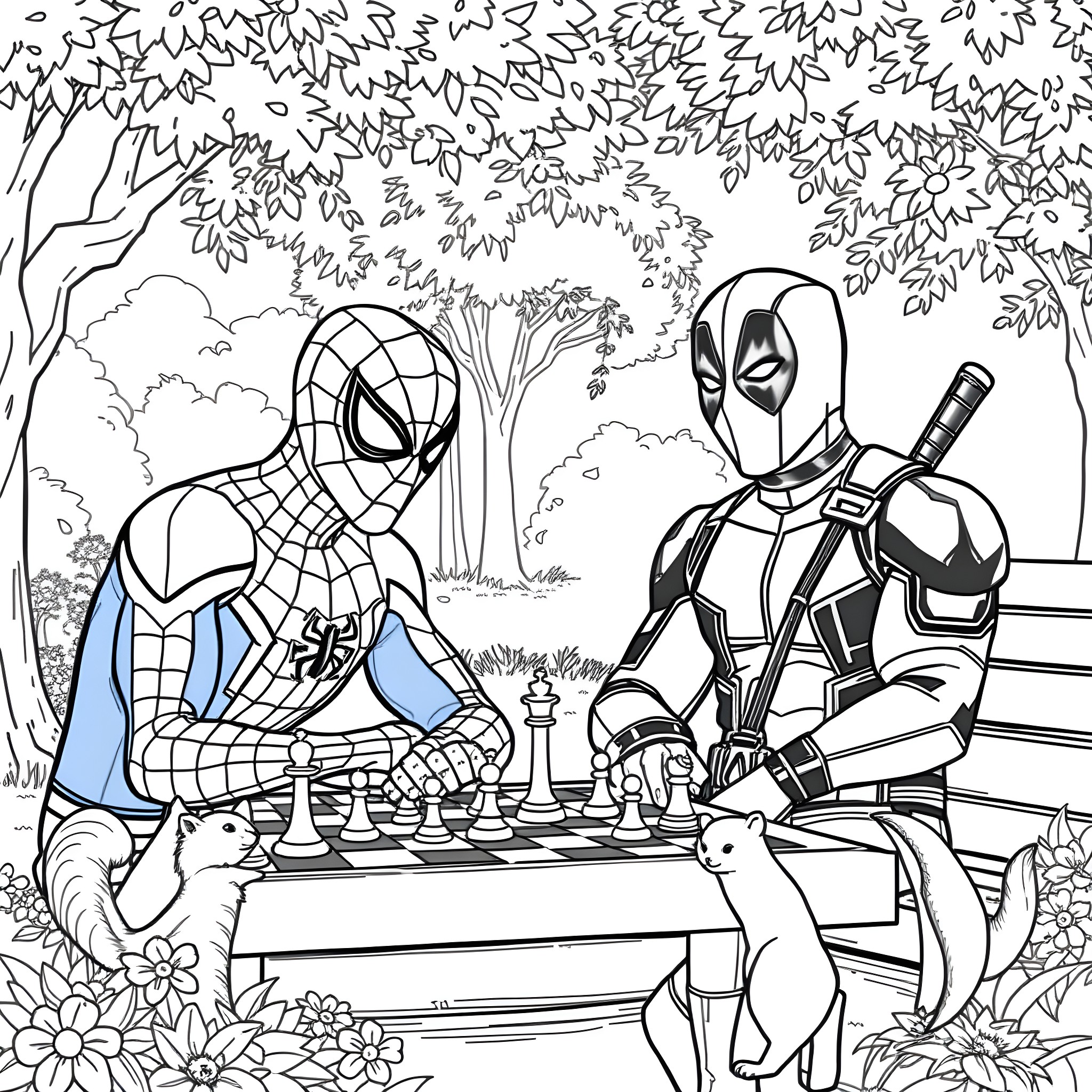 Spiderman and Deadpool playing chess in the park Coloring Page (free black-and-white line drawing printable PDF for all, from beginners to advanced learners, including children, teens, adults, and seniors)