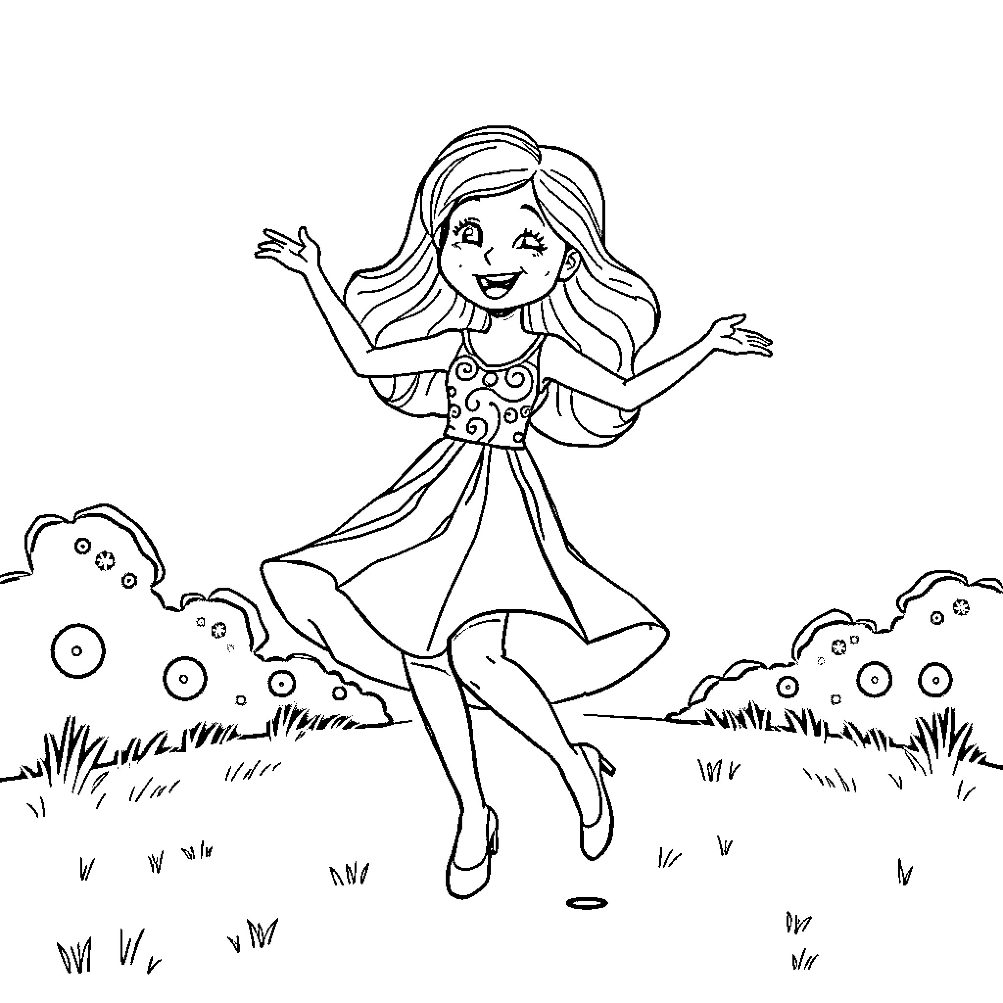 Bluey dancing joyfully in a field Coloring Page (free black-and-white line drawing printable PDF for all, from beginners to advanced learners, including children, teens, adults, and seniors)