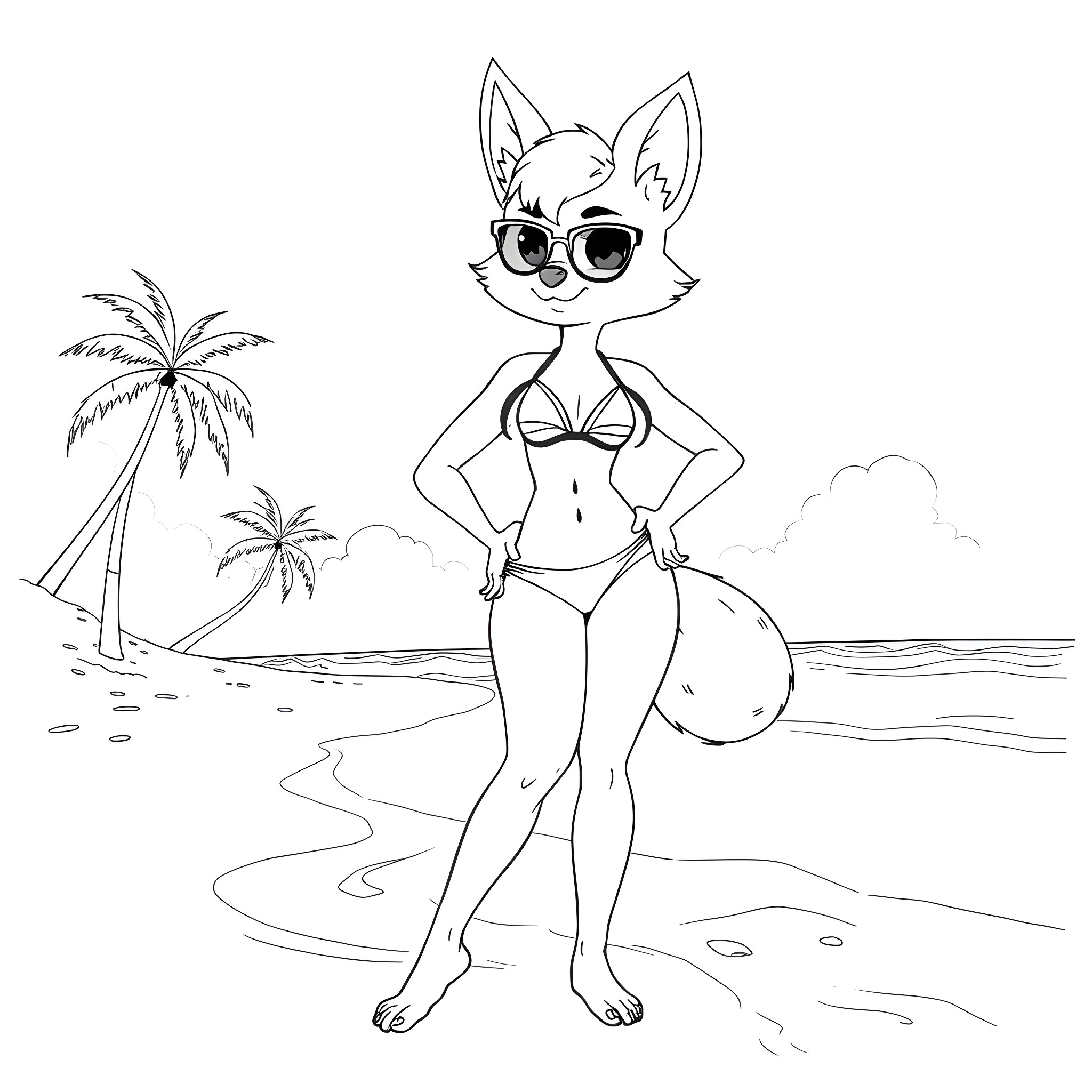Furry Girl in Stylized Swimsuit on Tropical Beach Coloring Page (free black-and-white line drawing printable PDF for all, from beginners to advanced learners, including children, teens, adults, and seniors)