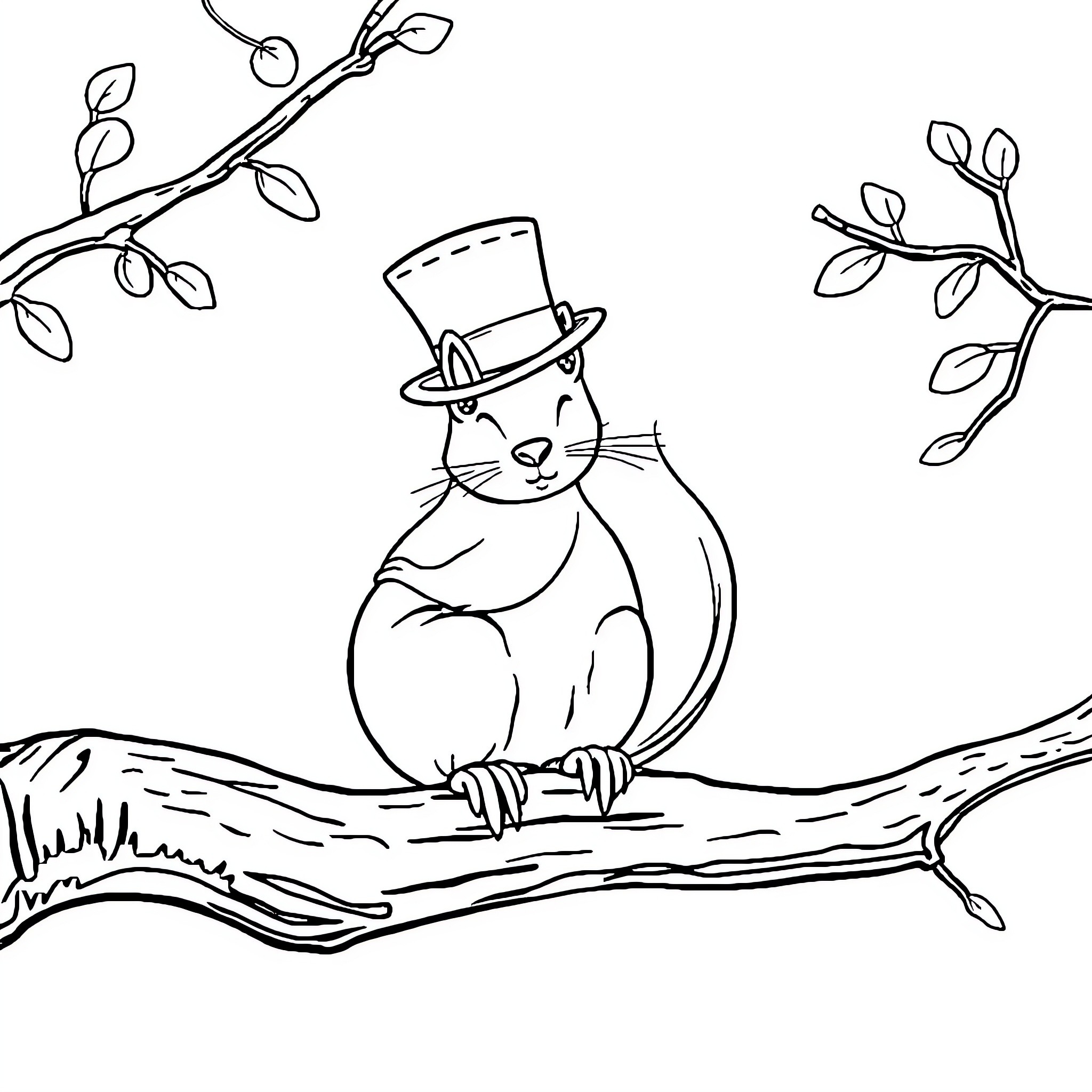 Squirrel wearing a top hat on a tree branch Coloring Page (free black-and-white line drawing printable PDF for all, from beginners to advanced learners, including children, teens, adults, and seniors)