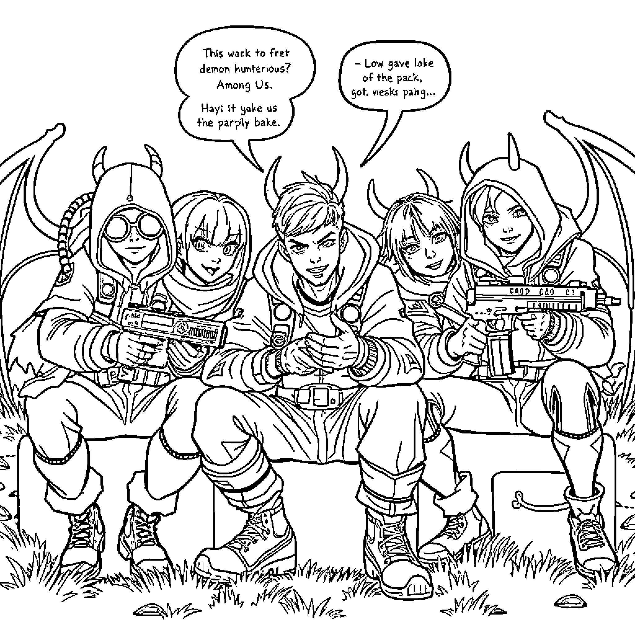 Kpop Idols on a Demon Hunting Mission Coloring Page (free black-and-white line drawing printable PDF for all, from beginners to advanced learners, including children, teens, adults, and seniors)