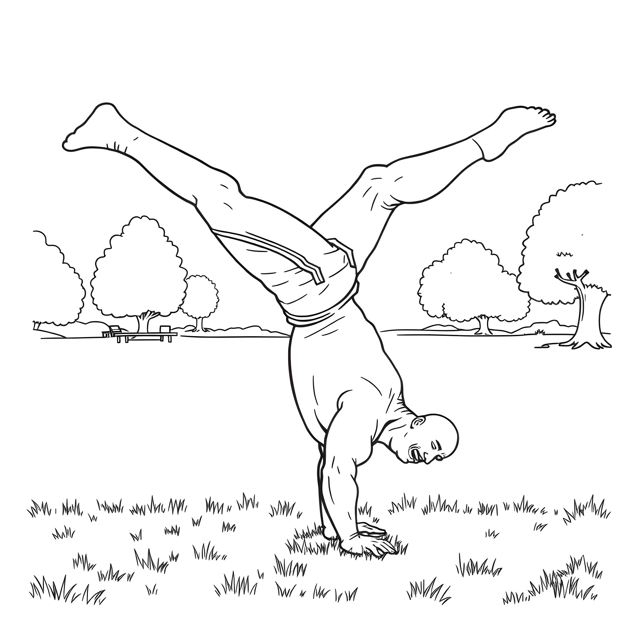 Dwayne Johnson performing acrobatic stunt in outdoor setting Coloring Page (free black-and-white line drawing printable PDF for all, from beginners to advanced learners, including children, teens, adults, and seniors)