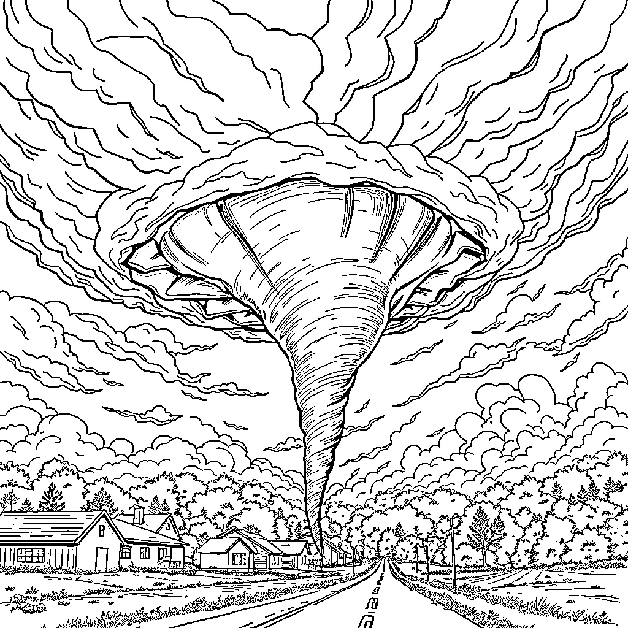 Tornado raging over a rural landscape Coloring Page (free black-and-white line drawing printable PDF for all, from beginners to advanced learners, including children, teens, adults, and seniors)