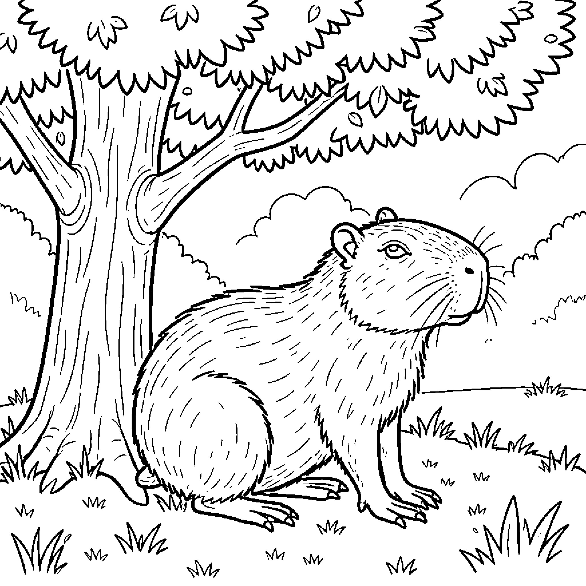Capybara exploring the outdoors under a tree Coloring Page (free black-and-white line drawing printable PDF for all, from beginners to advanced learners, including children, teens, adults, and seniors)