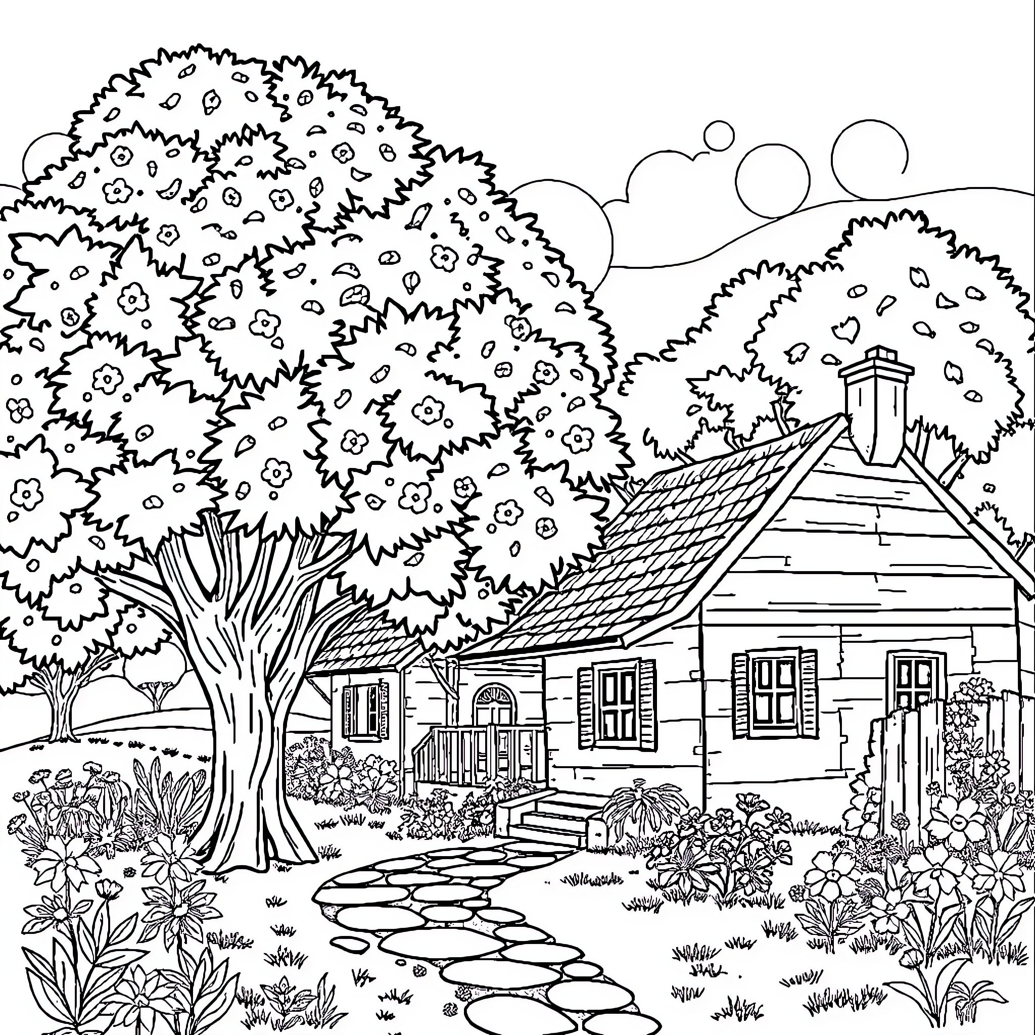 House in a Tranquil Nature Scene Coloring Page (free black-and-white line drawing printable PDF for all, from beginners to advanced learners, including children, teens, adults, and seniors)