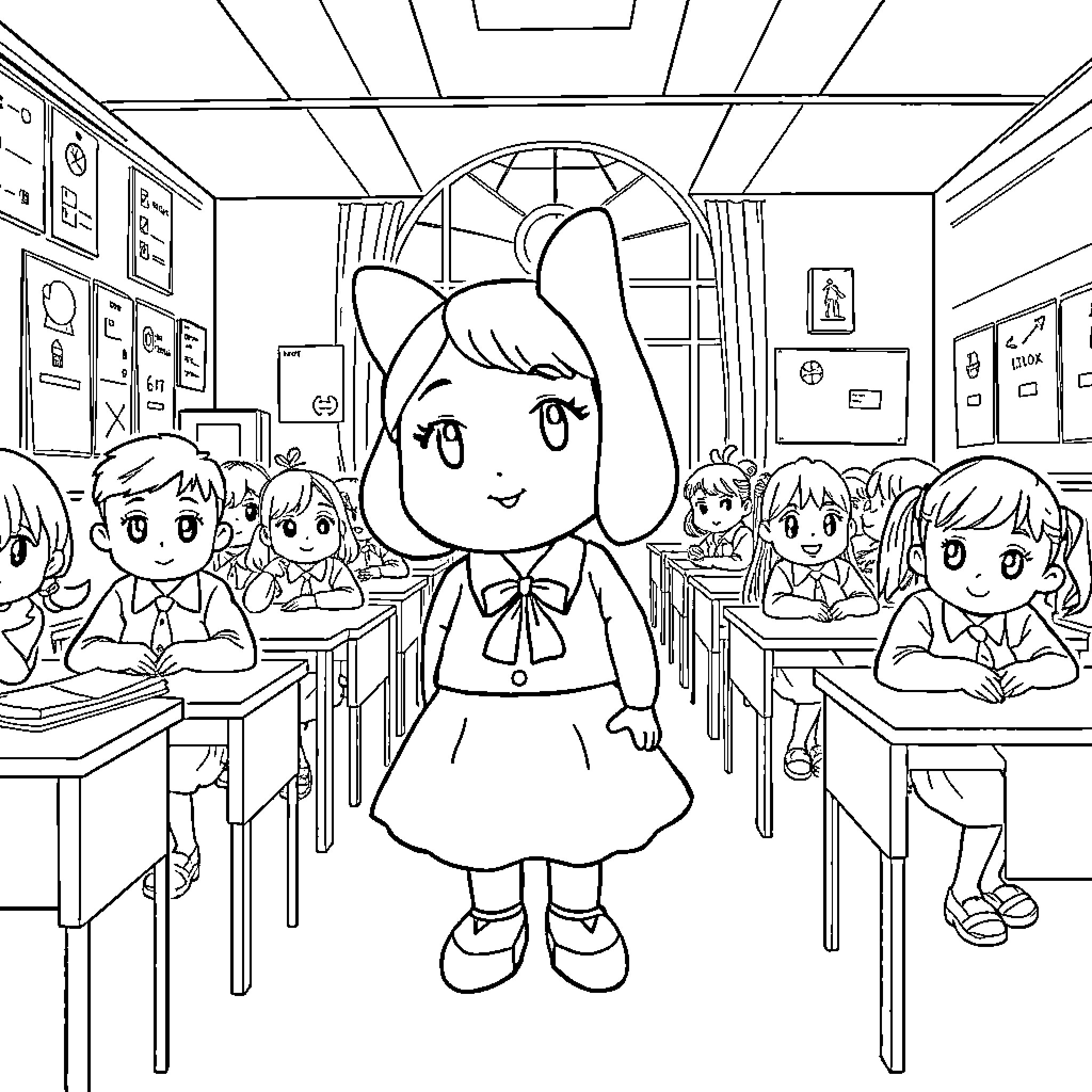 My Melody in the Classroom of Young Students Coloring Page (free black-and-white line drawing printable PDF for all, from beginners to advanced learners, including children, teens, adults, and seniors)