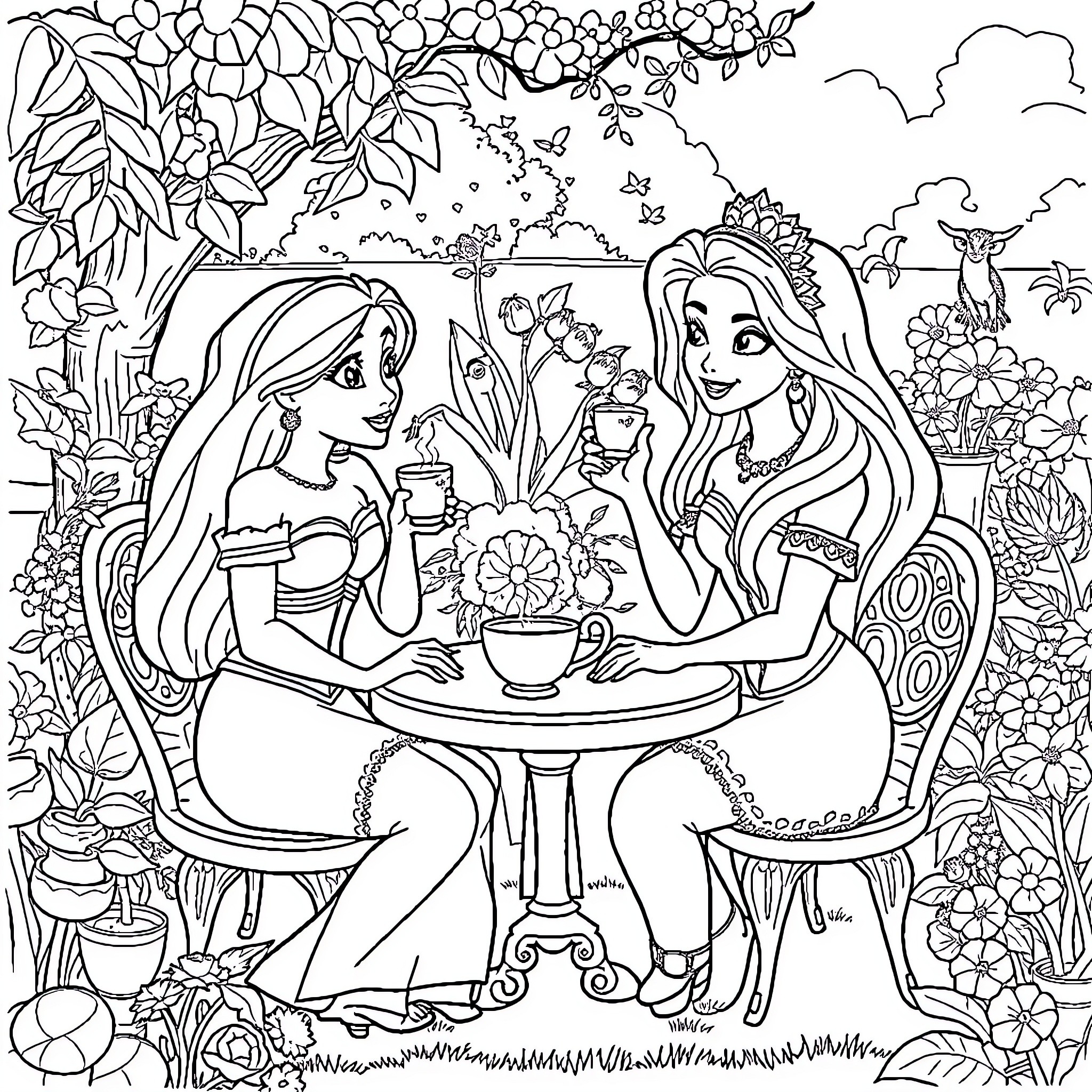 Vaiana enjoying a tea party with friends in a lush garden Coloring Page (free black-and-white line drawing printable PDF for all, from beginners to advanced learners, including children, teens, adults, and seniors)