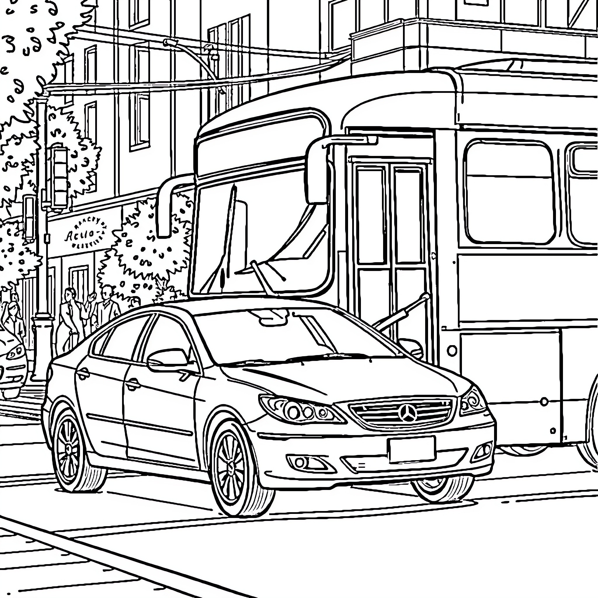 Car on city street with public transportation Coloring Page (free black-and-white line drawing printable PDF for all, from beginners to advanced learners, including children, teens, adults, and seniors)