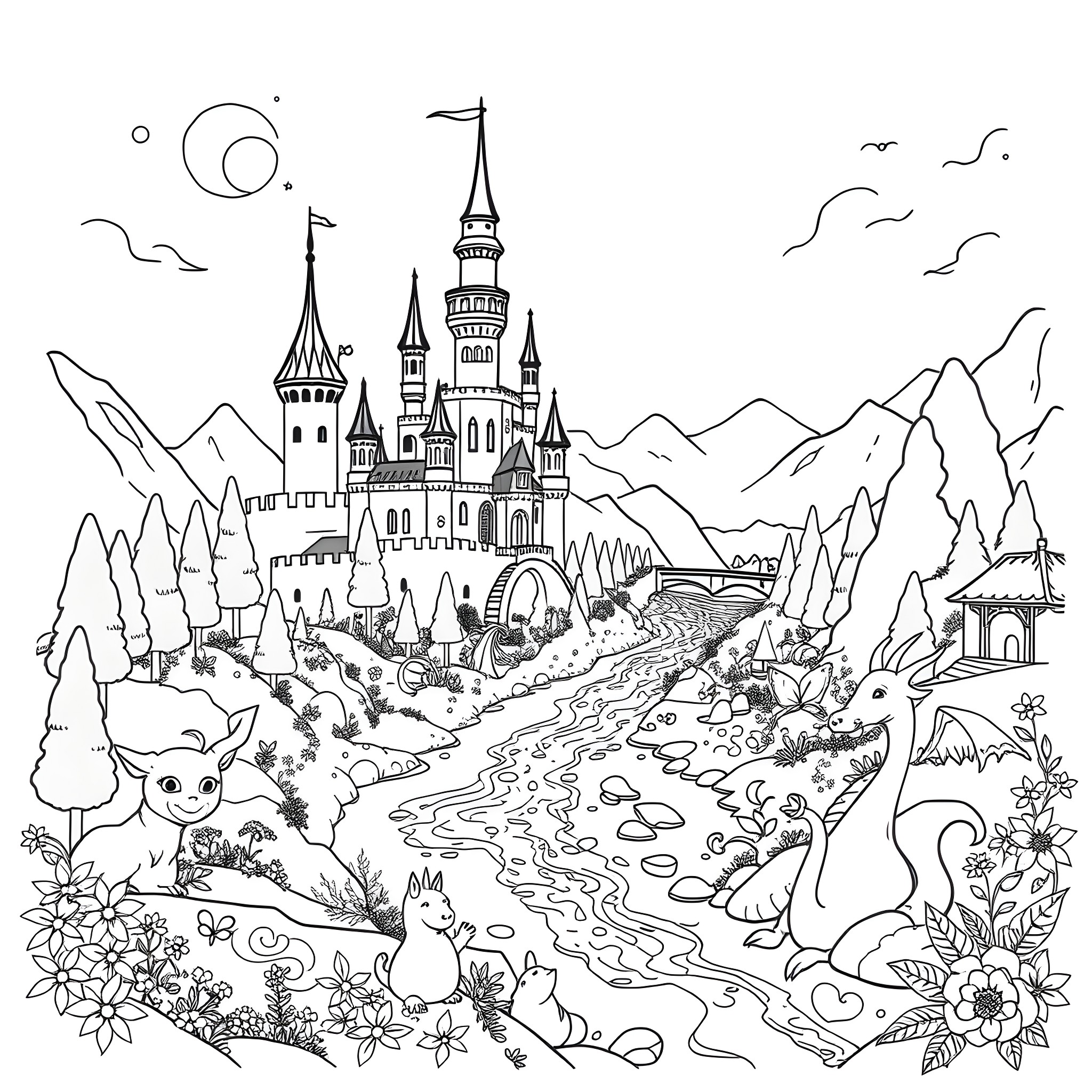 True Fantasy Castle and Nature Landscape Coloring Page (free black-and-white line drawing printable PDF for all, from beginners to advanced learners, including children, teens, adults, and seniors)
