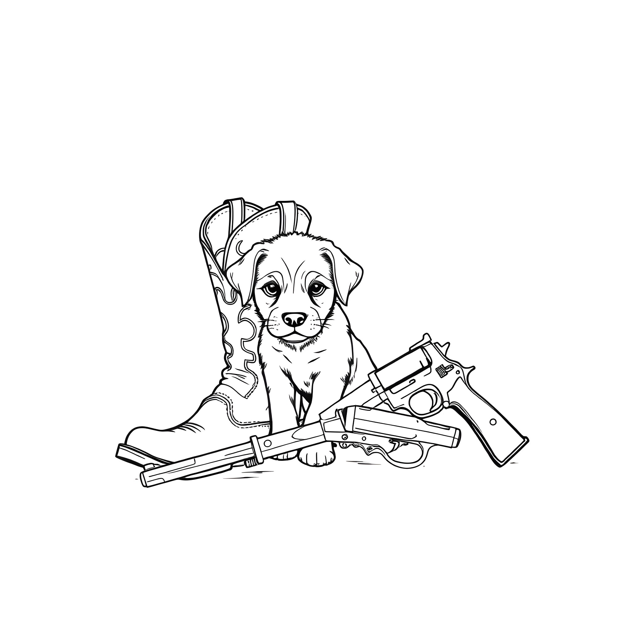 Boot-wearing Puppy with Toy Weapons Coloring Page (free black-and-white line drawing printable PDF for all, from beginners to advanced learners, including children, teens, adults, and seniors)