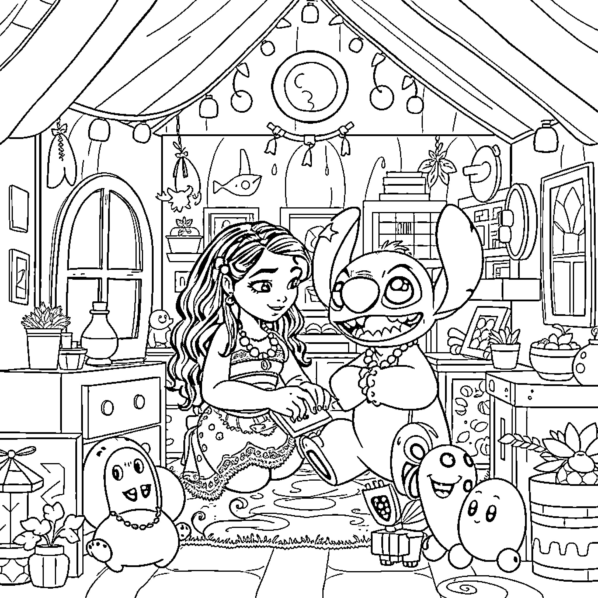Moana enjoying a festive party with her magical friends Coloring Page (free black-and-white line drawing printable PDF for all, from beginners to advanced learners, including children, teens, adults, and seniors)