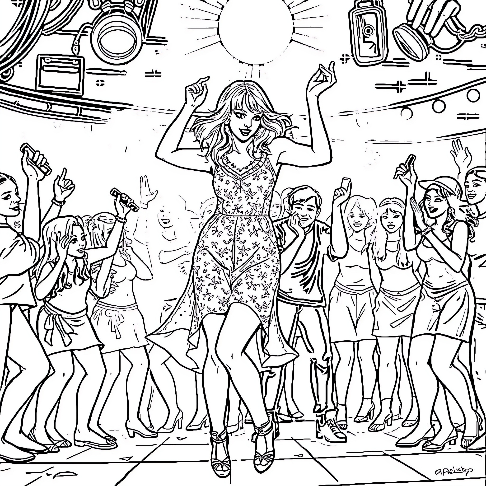 Taylor Swift's Energetic Performance with Adoring Fans Coloring Page (free black-and-white line drawing printable PDF for all, from beginners to advanced learners, including children, teens, adults, and seniors)