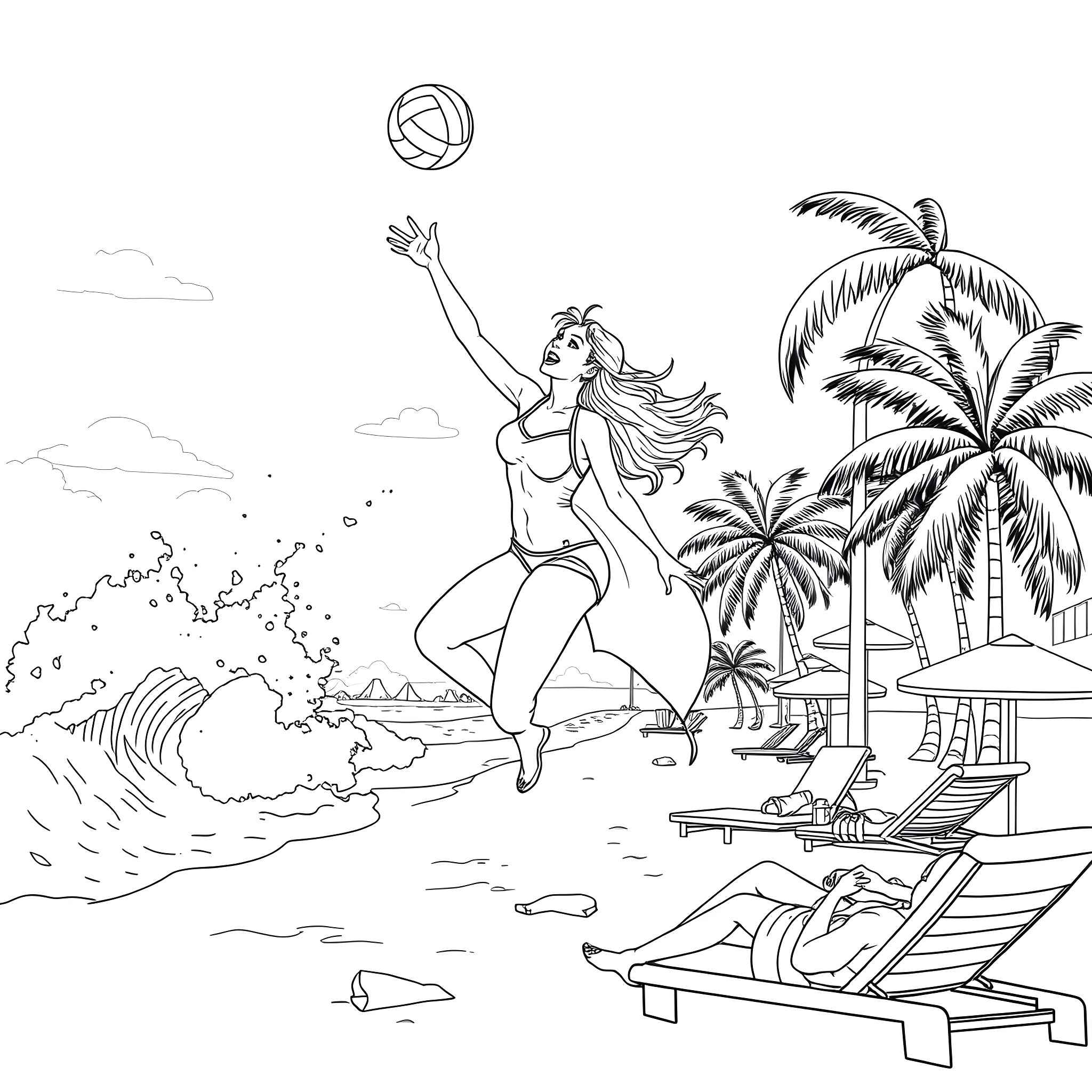D.va enjoying a day at the beach Coloring Page (free black-and-white line drawing printable PDF for all, from beginners to advanced learners, including children, teens, adults, and seniors)