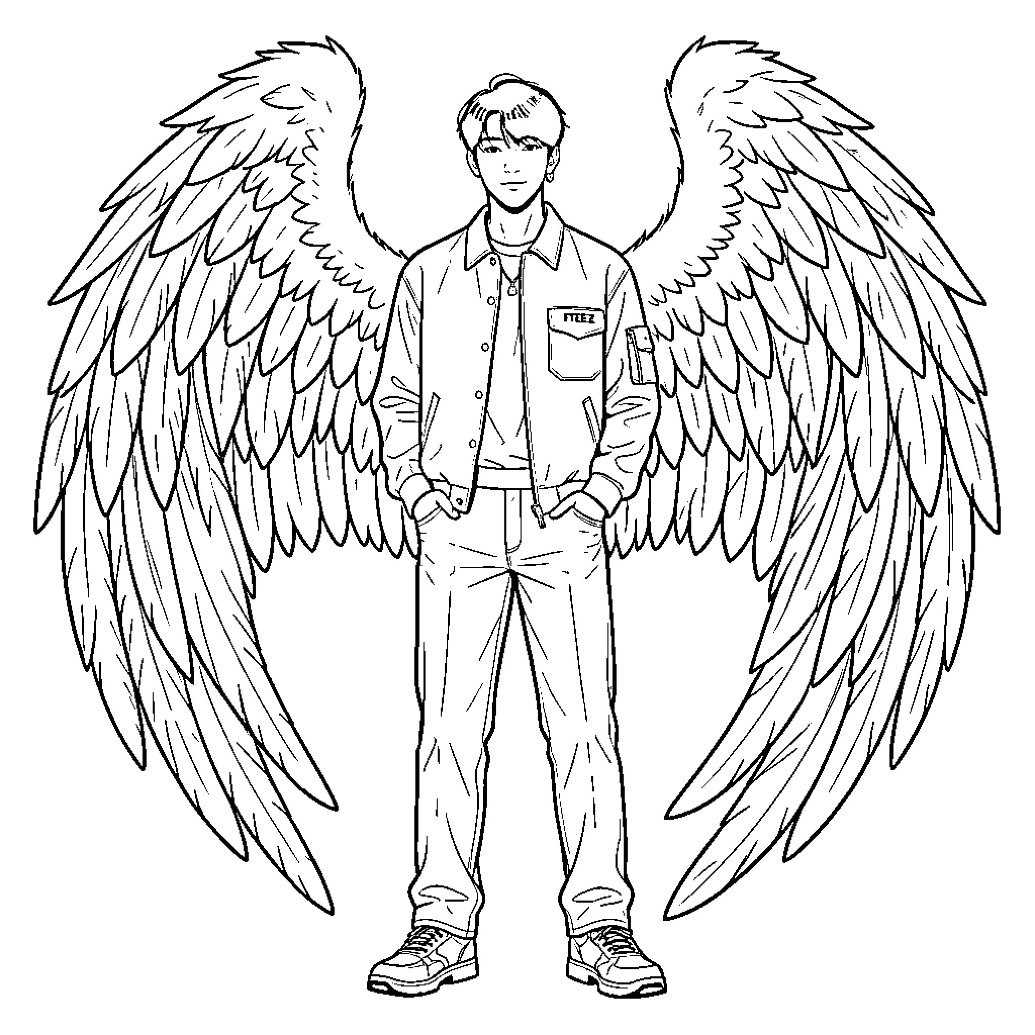 Yeosang standing calmly with large angel wings Coloring Page (free black-and-white line drawing printable PDF for all, from beginners to advanced learners, including children, teens, adults, and seniors)