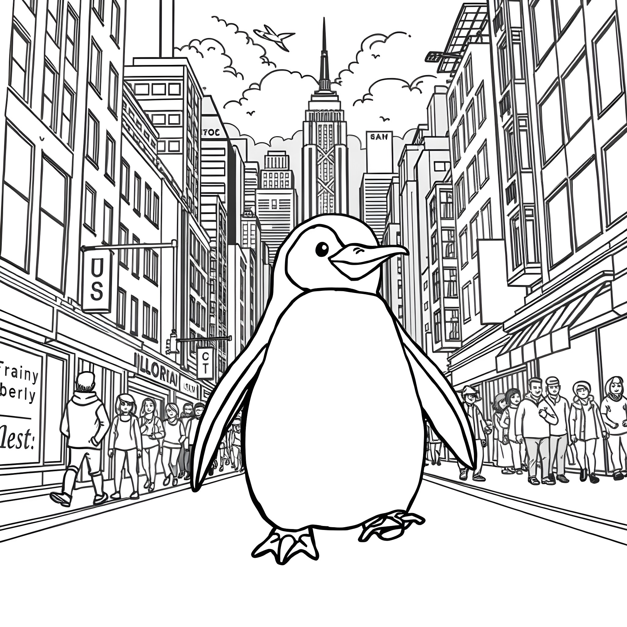 Penguin exploring the bustling city streets Coloring Page (free black-and-white line drawing printable PDF for all, from beginners to advanced learners, including children, teens, adults, and seniors)