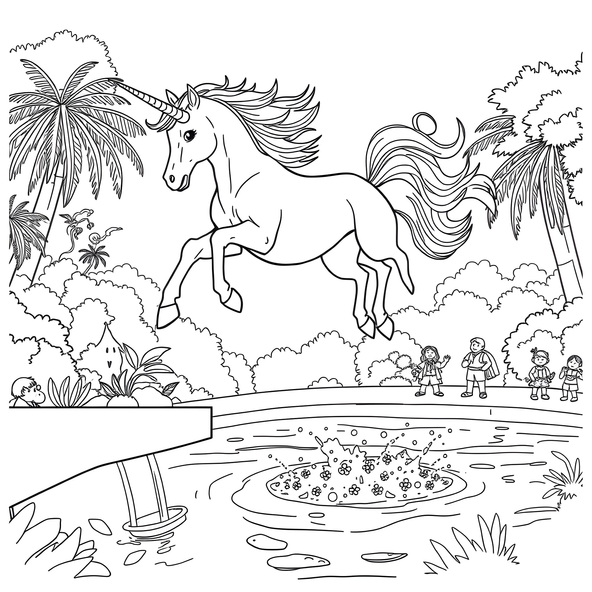 Unicorn galloping through a tropical landscape Coloring Page (free black-and-white line drawing printable PDF for all, from beginners to advanced learners, including children, teens, adults, and seniors)