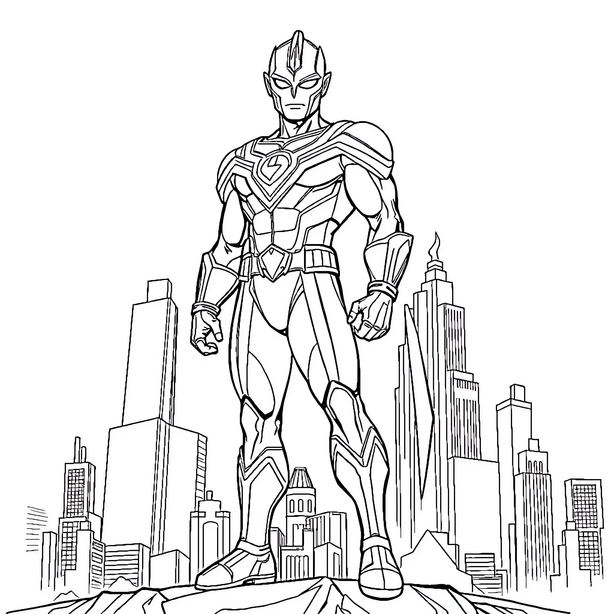 Ultraman defending the city from above Coloring Page (free black-and-white line drawing printable PDF for all, from beginners to advanced learners, including children, teens, adults, and seniors)